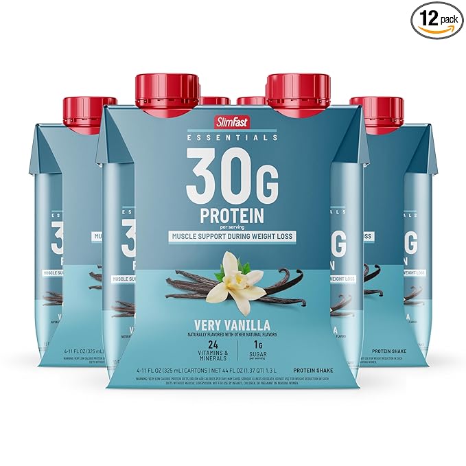 SlimFast Essentials 30g Vanilla Protein Shake, Protein Shakes Ready to Drink, Muscle Support, 1g Sugar, 24 Vitamins and Minerals, 1g Net Carbs, Very Vanilla, 12 Count