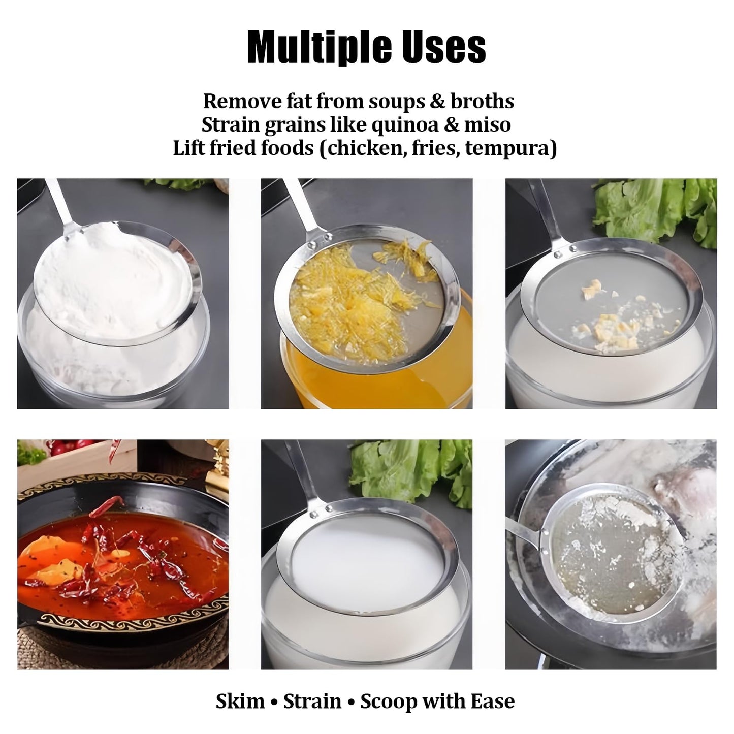 3 Pack Fat Skimmer Spoon Multi-Functional Stainless Steel Hot Pot Fat Strainer with Fine Mesh (4”, 4.7”, 5.5”) Long Handle for Frying, Soup, Quinoa, Miso