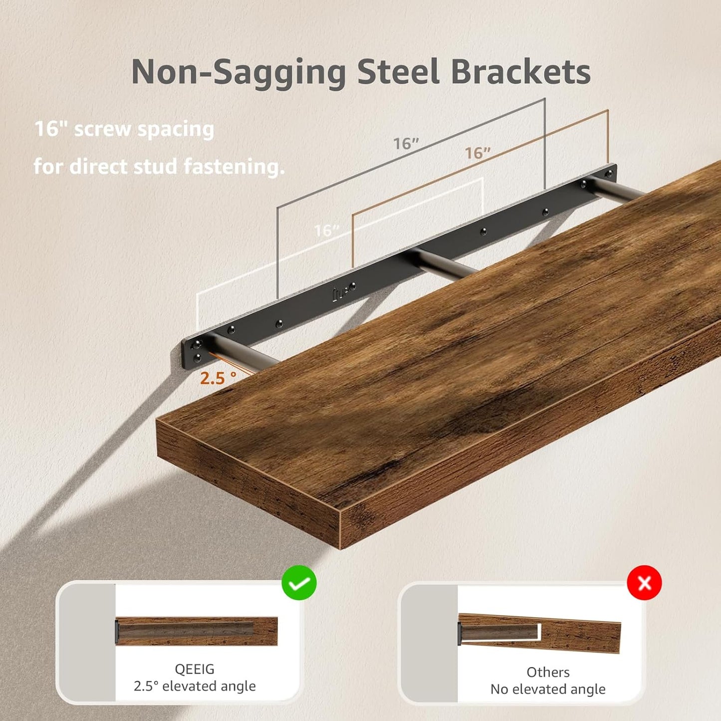 QEEIG Floating Shelves - Rustic Brown Wall Mounted Display Shelf Set of 2 | 39.4" x 9.3" for Home Decor