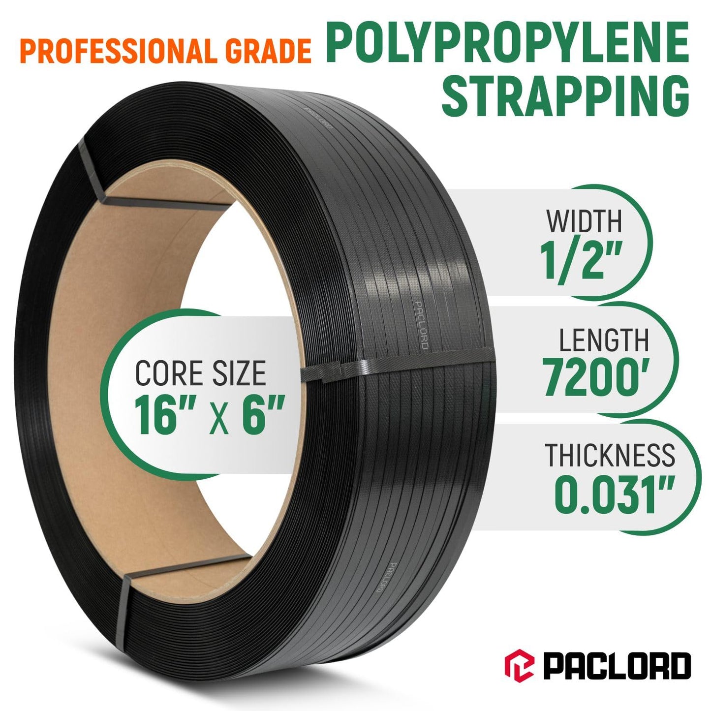Paclord 1/2" x 7200' Heavy-Duty Polypropylene (PP) Strapping Coil - 0.031" Thick Banding Strap, 16" x 6" Core, 600 lbs Break Strength, Black - for Bundling and Packaging - Flexible, Weather Resistant