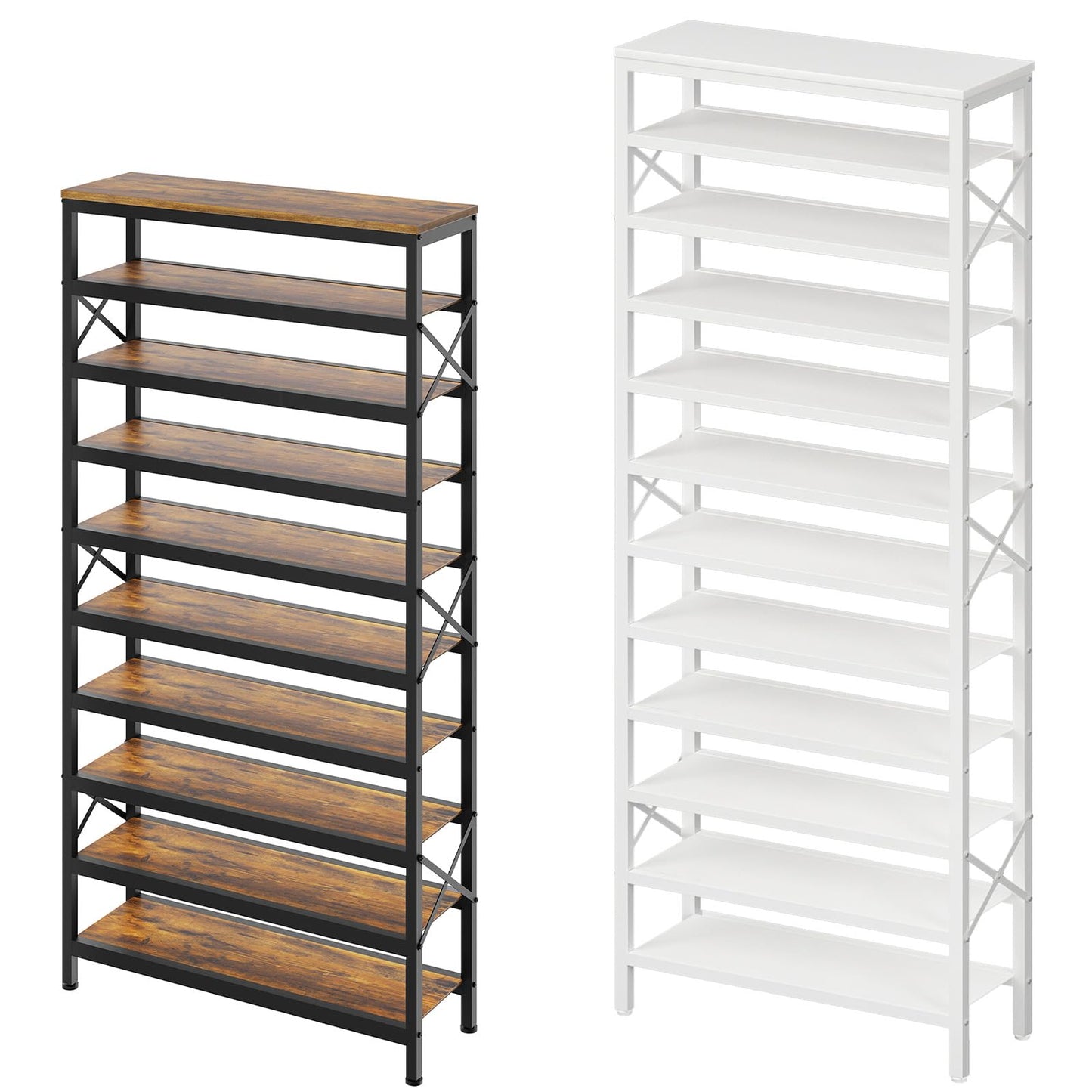 YATINEY 10-Tier Tall Shoe Rack and 12-Tier Tall Shoe Rack Organizer, Wooden Shoe Storage for Closet Holds 48 Pairs, Sturdy Shoe Shelf with X-Shaped Metal Support, for Entryway SS210BR-SS212WW