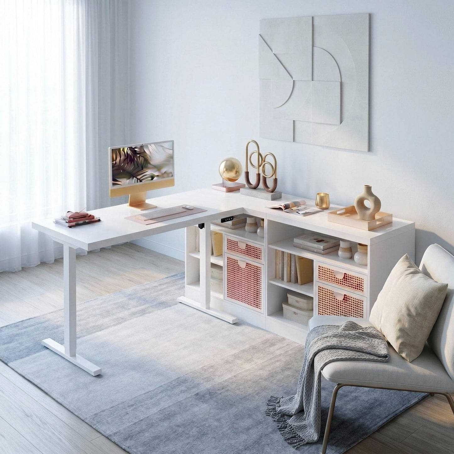 ModernMate 67" L Shaped Electric Standing Desk with 4 Drawers, Corner Executive Workstation with 2 File Cabinets, Height Adjustable with AC/USB for Home Office, 1.18" One-Piece Desktop, White Rattan