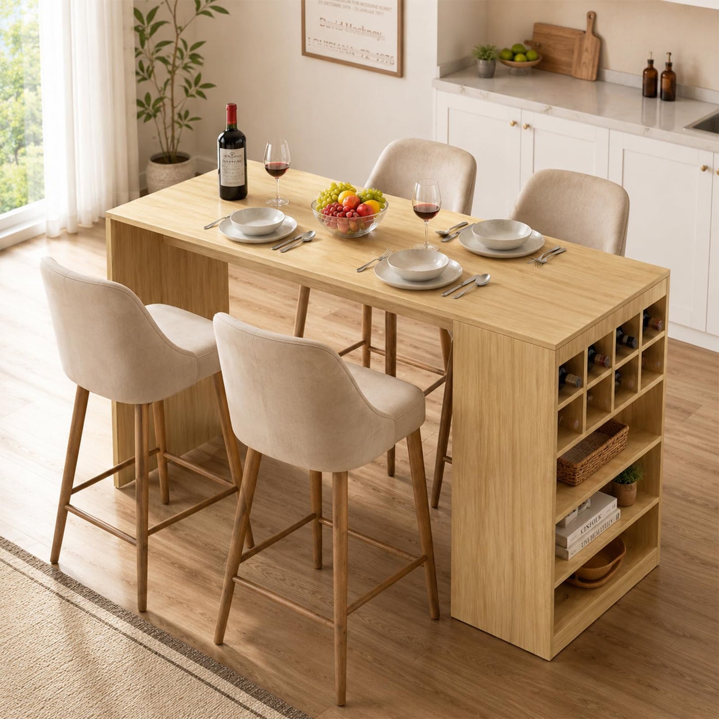 LHIUGE Kitchen Island with Storage, Fluted Counter Height Table, Home Bar Tables with Wine Rack and Drawers,Mid-Century Modern Kitchen Island Table for Kitchen, Dining Room, Living Room