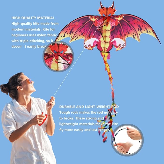eyijklzo Green Dragon Kite Beautiful and Easy Flyer Kite for Children and Adult with Long Colorful Tail String Line Accessories Easy to Soar High Outdoor Sports Game Activities or Beach Trip