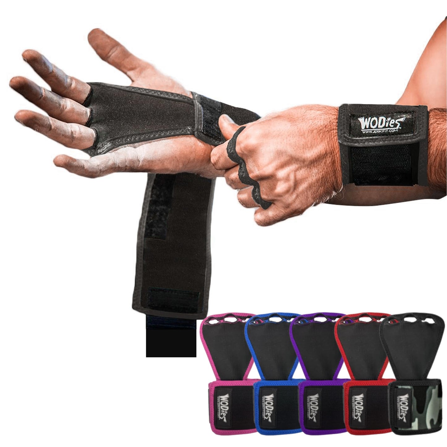 JerkFit WODies Gymnastics & Weightlifting Grips with Wrist Wraps – 3 Hole Versatile Gym Gloves for Pull Ups, Gym Training & Cross Training – Hand Grips Palm Protector for Men & Women (Black, S)