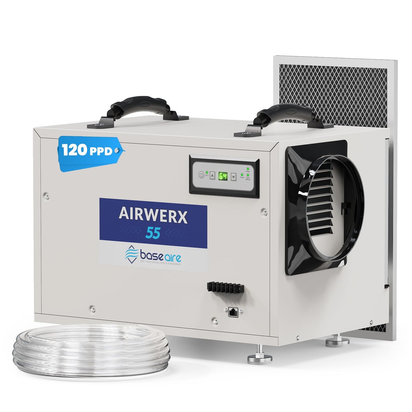 BaseAire Crawl Space Dehumidifier,113 Pint Dehumidifiers with Drain Hose for Basement, Commercial, Industrial, Portable, Auto Defrost, Memory Starting