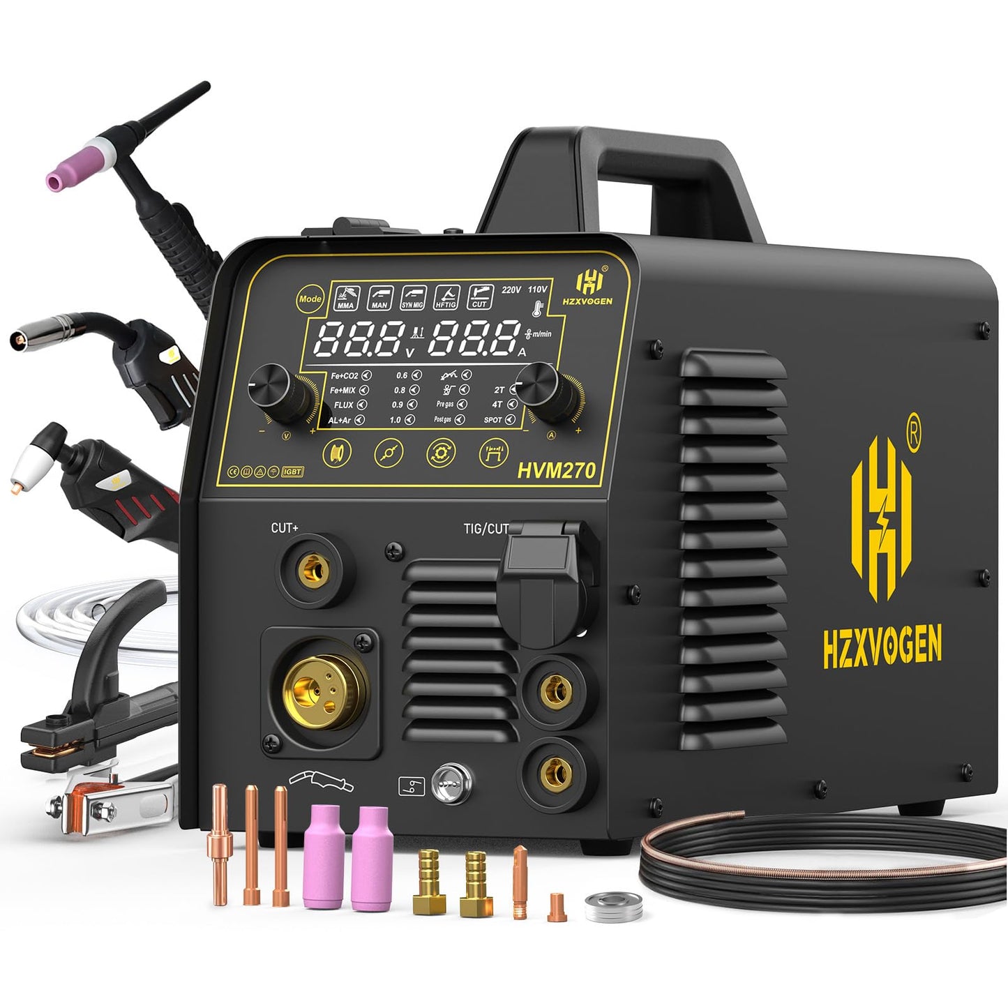 H HZXVOGEN 200A Plasma Cutter Welder Combo, 7 In 1 Gas MIG/Gasless Flux Core MIG/Pulse MIG/HF TIG/Stick/Cut/Spot, 110/220V Aluminum Welding Machine Multiprocess Welder with Synergic/Man Mode