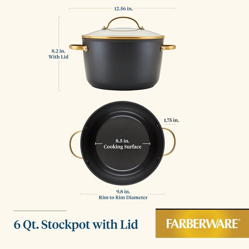 Farberware Forged Induction Stockpot - 6 Quart Ceramic Nonstick Soup Pot with Lid | Dishwasher Safe, Black & Gold