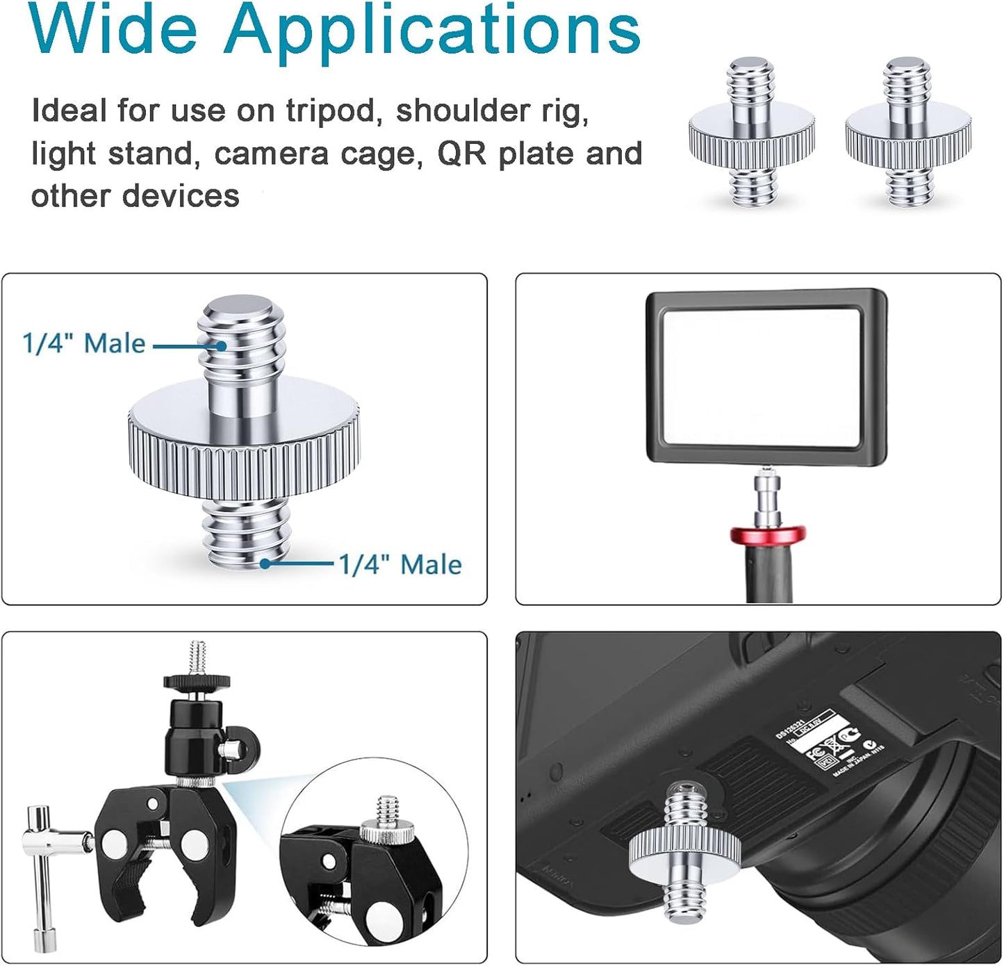 LANXIRE 1/4" 1/4" 2 Packs Male to Male Threaded Tripod Screw Adapter, Double Head Stud Mounting Thread Converter