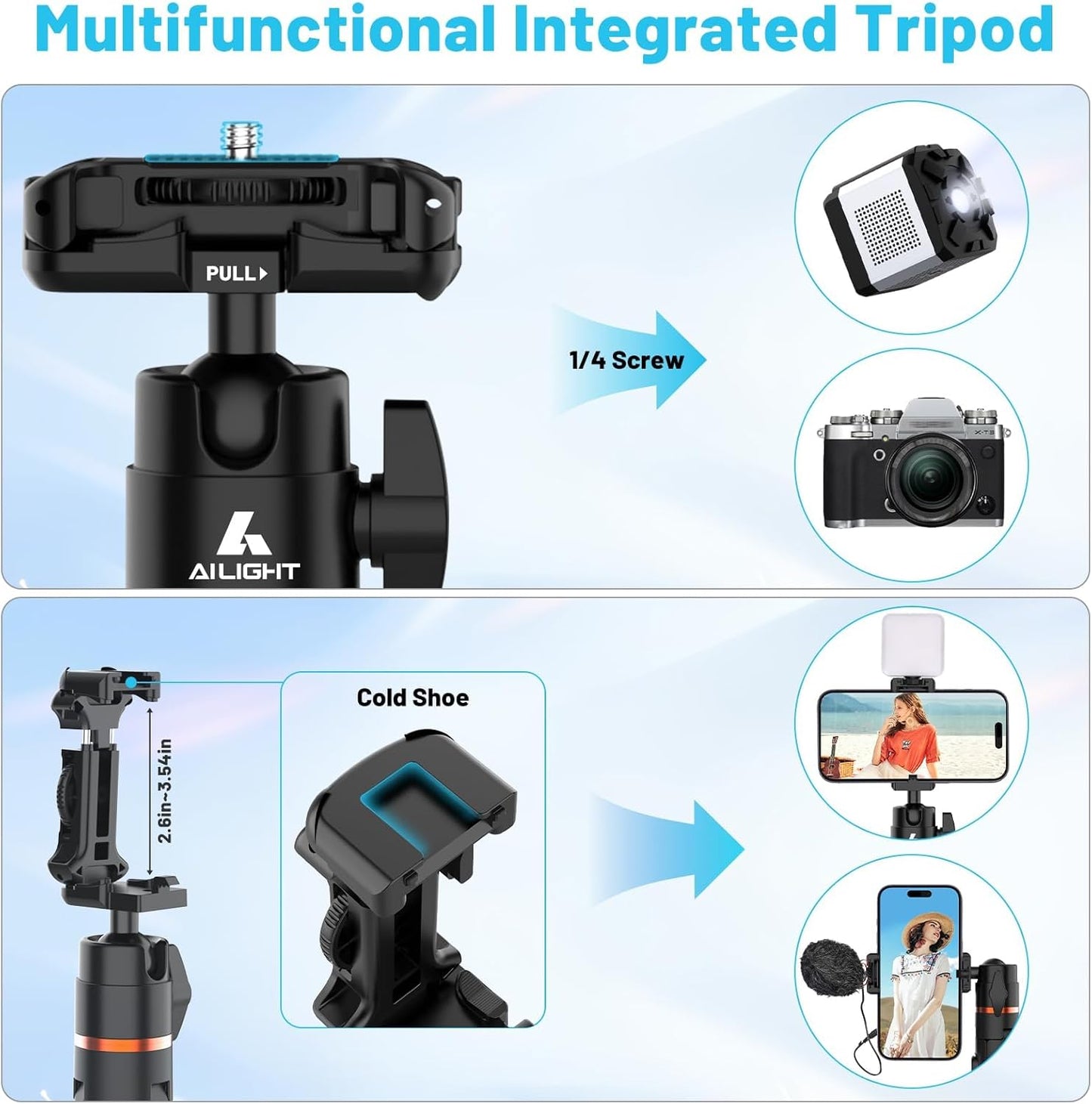 ailight 60" 360 Extendable Travel Tripod & Selfie Stick with Cold Shoe & Wireless Remote, Ball Head for Vlogging