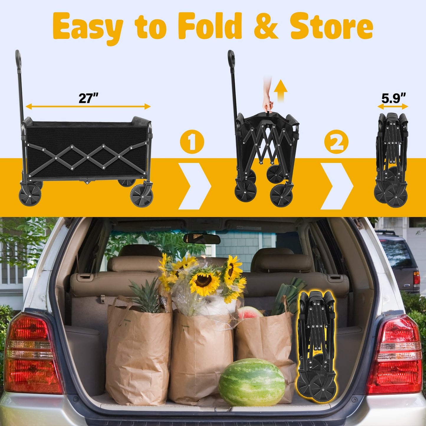Wagon Cart Foldable, 360Lbs Collapsible Wagon Cart with Wheels Portable, Outdoor Utility Carts for Groceries, Camping, Sports, Garden, Shopping, Black