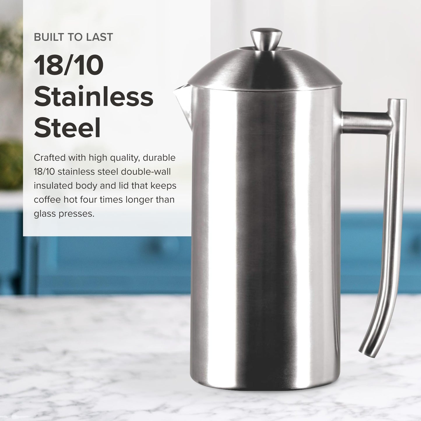 Frieling Coffee Press Stainless Steel French Press Coffee Maker - 44 oz, Brushed Stainless Steel - Double-Walled Insulated Zero Sediment Filter - For Home & Camping