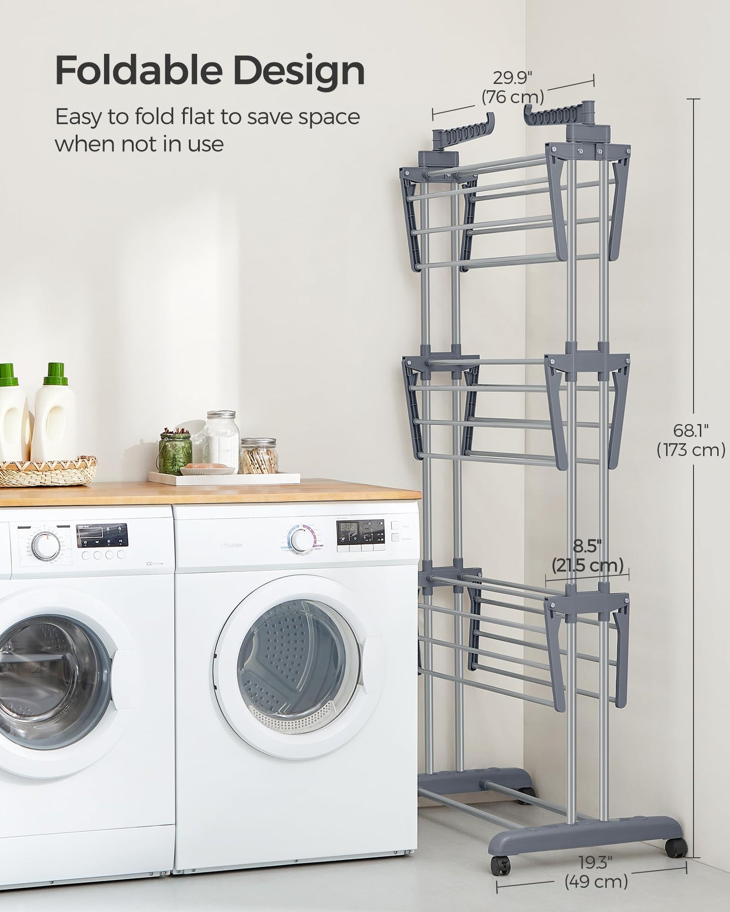 SONGMICS Clothes Drying Rack Stand 4-Tier, Foldable Laundry Drying Rack 68.1-Inch Tall, Steel, Rolling Clothes Horses Dryer Rack, Easy to Assemble, Indoor Outdoor Use, Dove Gray ULLR701G01