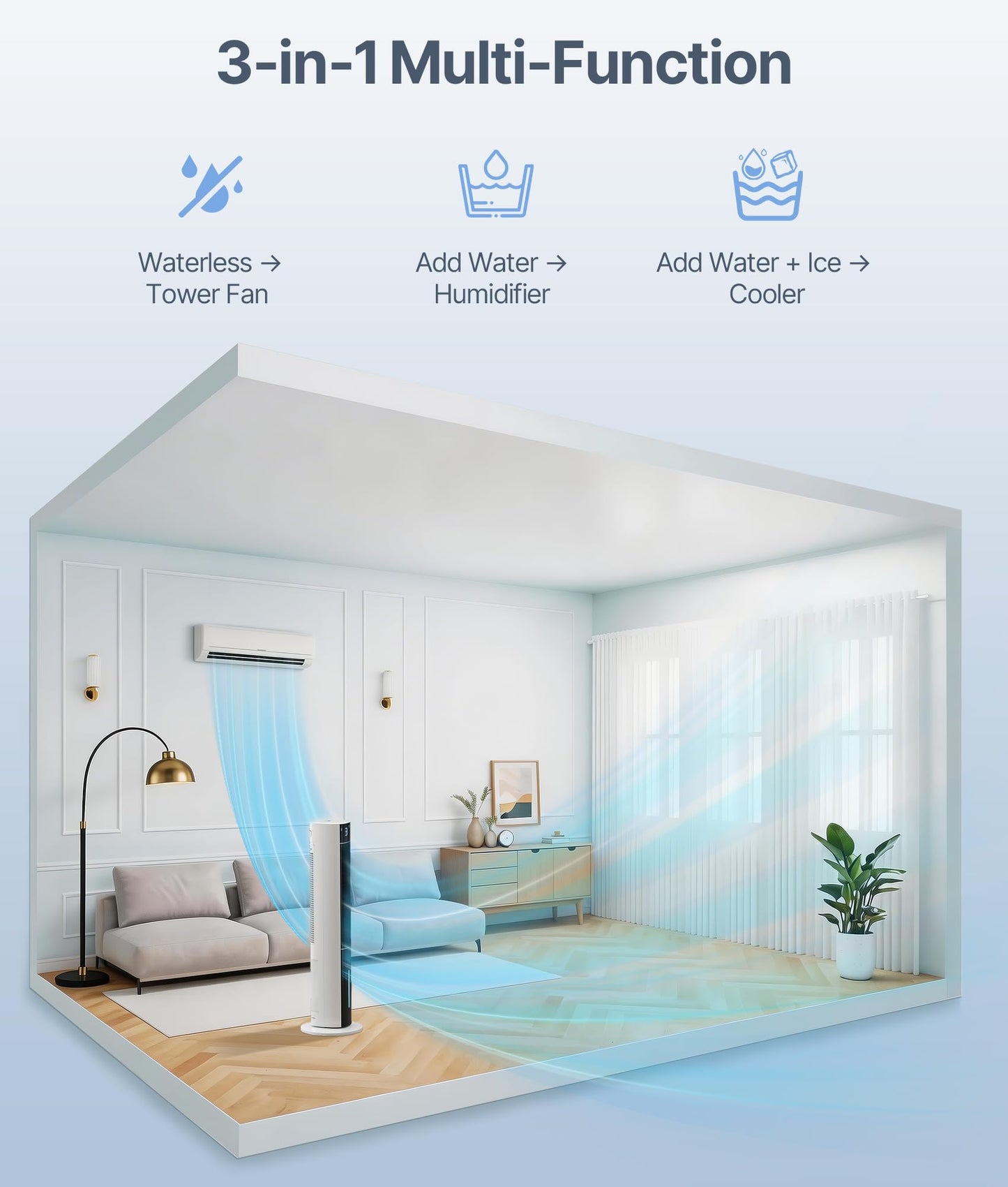 EXNOS Evaporative Air Swamp Cooler - 38inch Cooling Fans that Blow Cold Air for Bedroom, Portable Tower Fan with 3L Water Tank, Ice Packs, Remote Control, 3 Speeds