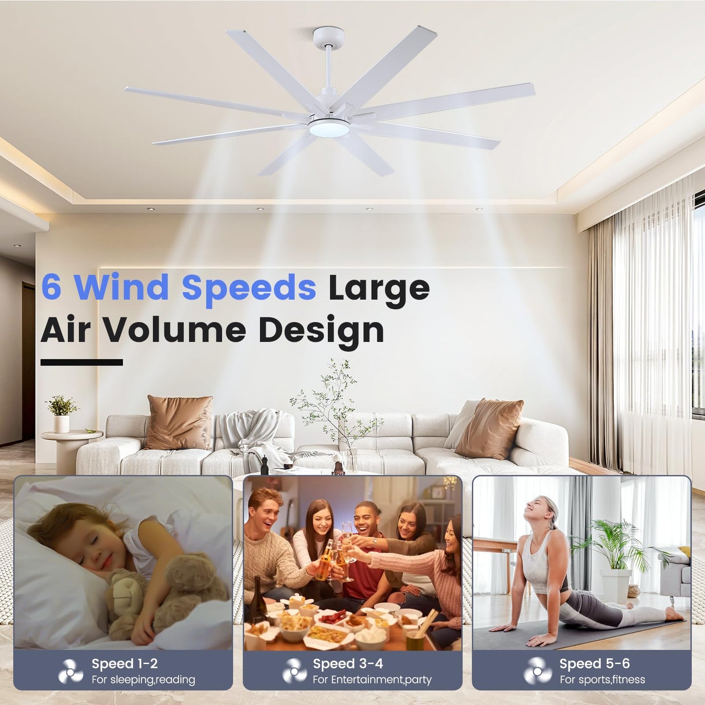 Newday 72 inch Large Ceiling Fans with Lights and Remote, Indoor/Outdoor White Ceiling Fan for Living Room Patio, 6 Speeds Silent Reversible DC Motor, 3CCT, Timer, 3 Downrods, 8 Blades