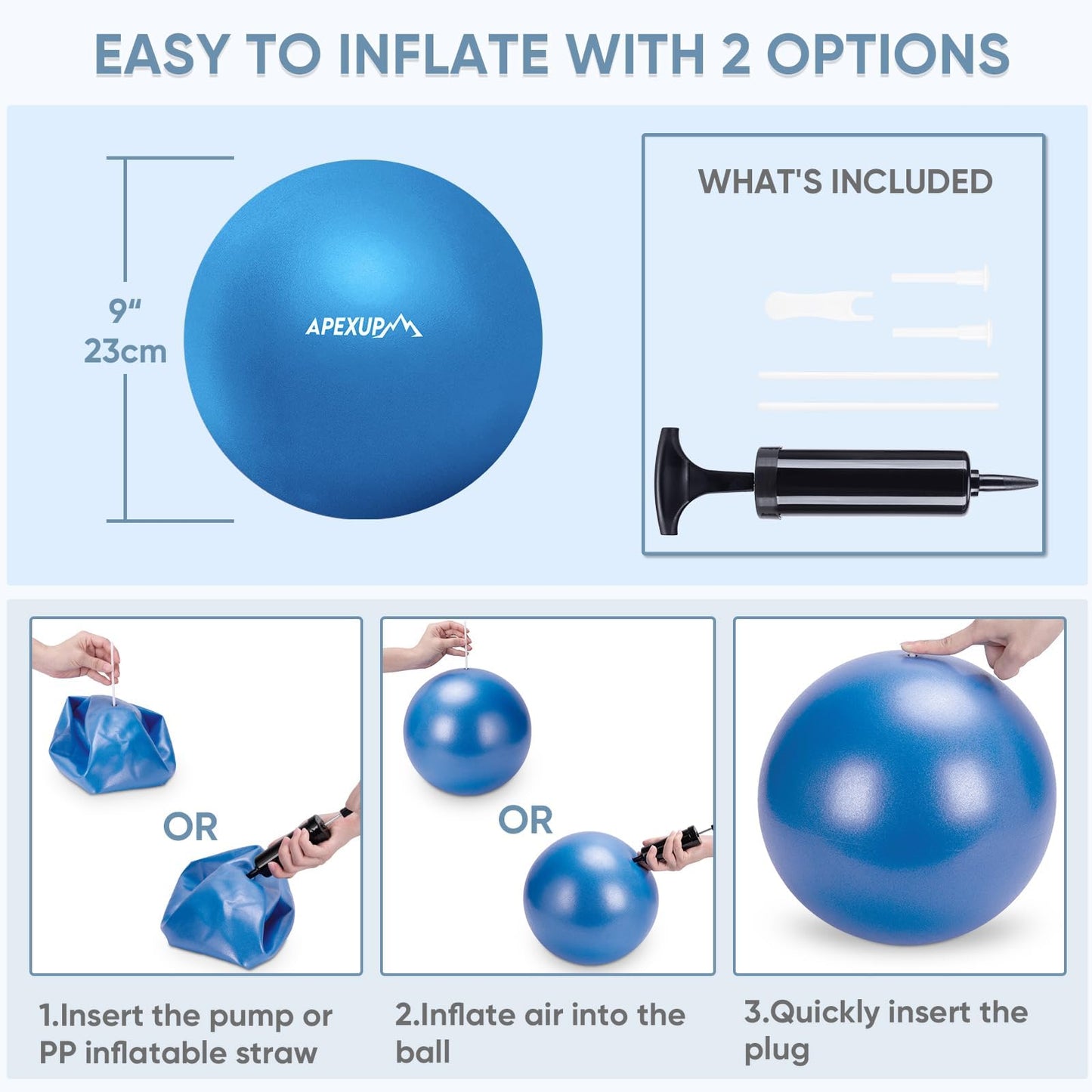 APEXUP 9 Inch Pilates Ball Small Exercise Ball for Yoga, Fitness, Balance, Core Workout, Physical Therapy (XXS (9") 23cm, Blue)