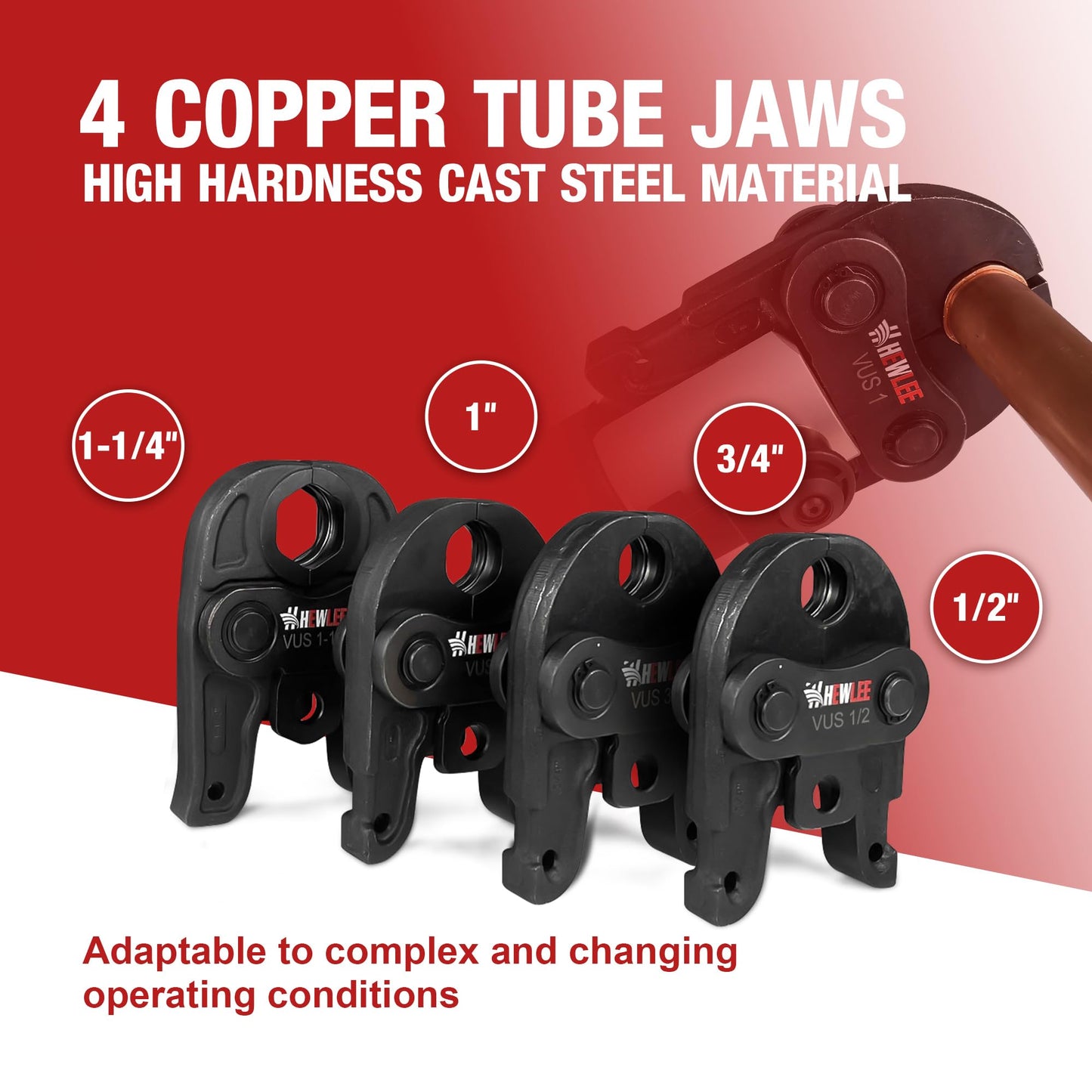 HHEWLEE Pro Press Copper Crimper Press Tool with 4 Jaws 1/2", 3/4", 1",1-1/4", Battery Powered Crimping Tool 42KN for US Standard Copper Pipe or Stainless Steel Tube, Suitable for Plumber(HZT-50B)