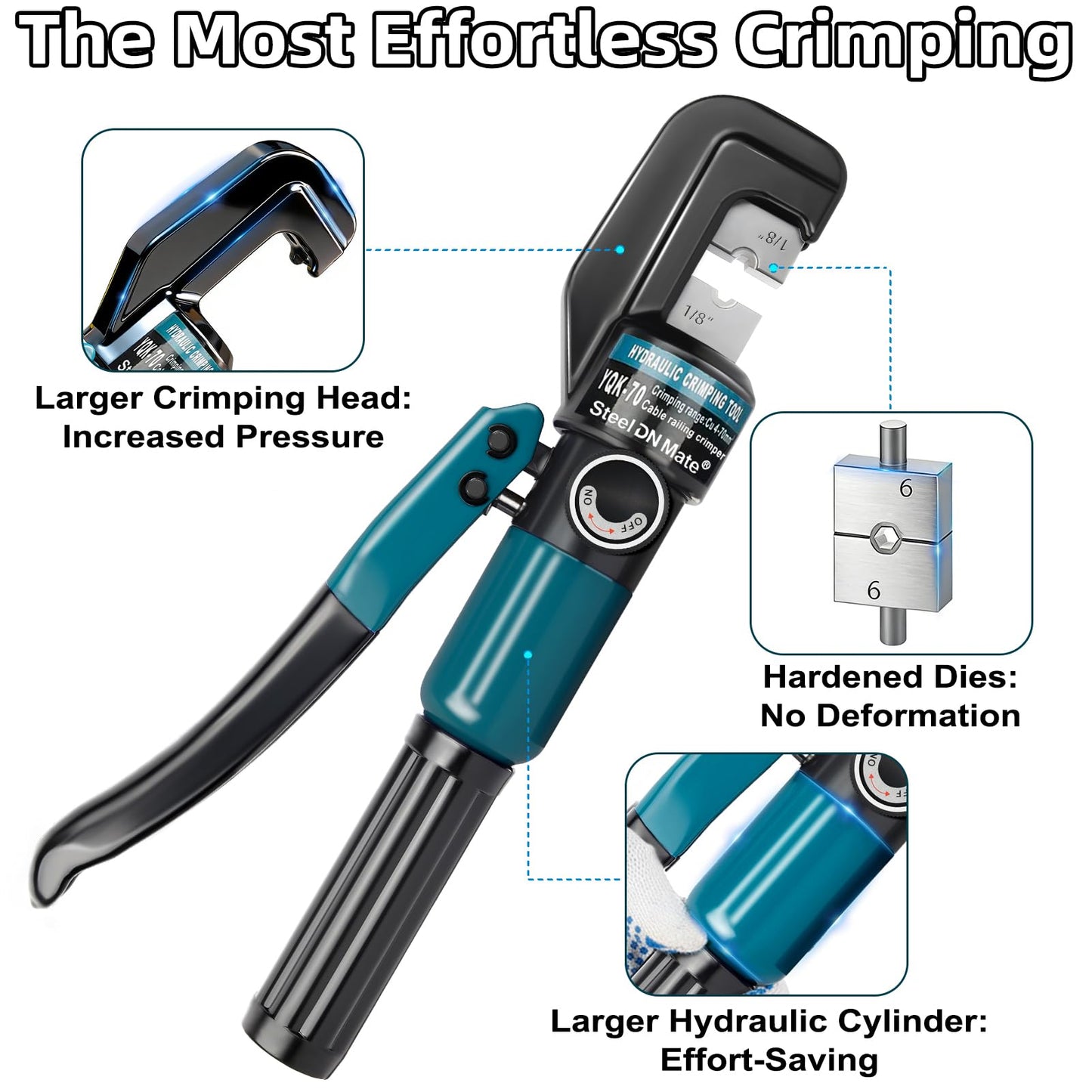 Hydraulic Crimping Tool for 1/8"-3/16" Cable Railing, Easy One-Hand Use, 10-Ton Crimper with 9 Harden Dies for 12-2/0 AWG, Steel DN Mate Durable Wire Crimper, Battery Cable Crimper DC01