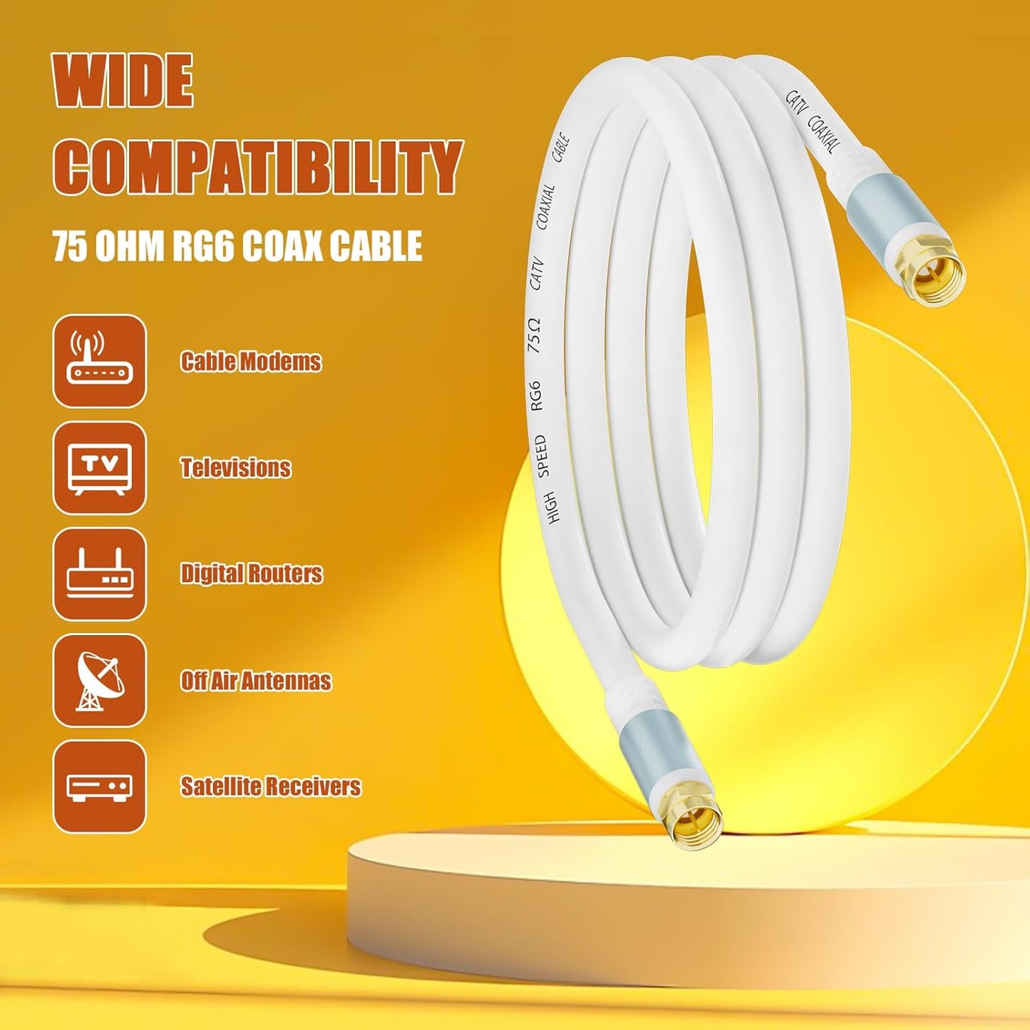 LDKCOK 3ft RG6 75 Coaxial Cable White, Premium Ohm Coax Cable for High-Speed Internet Modem, Cable TV Antenna