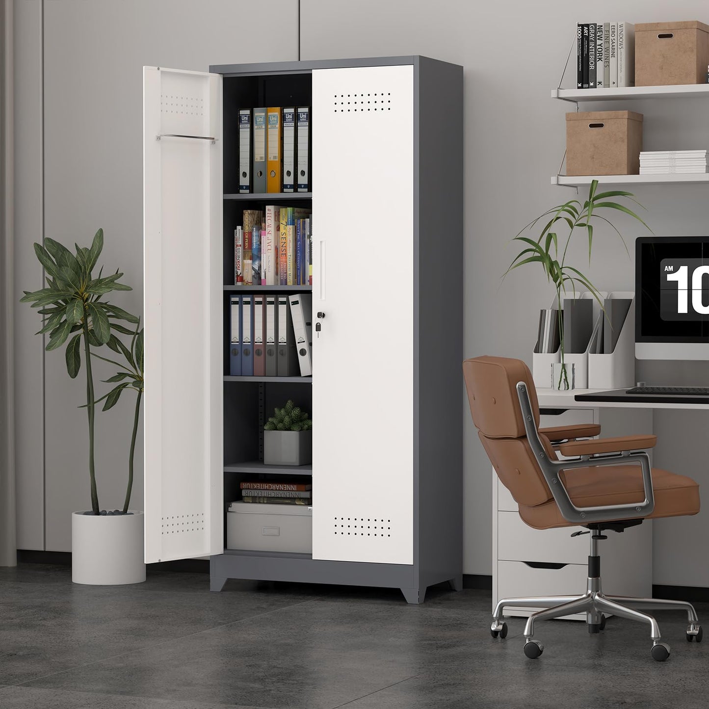 FATIGOS 72.8" H Metal Garage Storage Cabinets with Doors and Shelves, Broom Closet Storage Cabinet, Tool Cabinets with Hanging Rod, Cleaning Storage Cabinets for Garage,Bedroom Office Grey&White