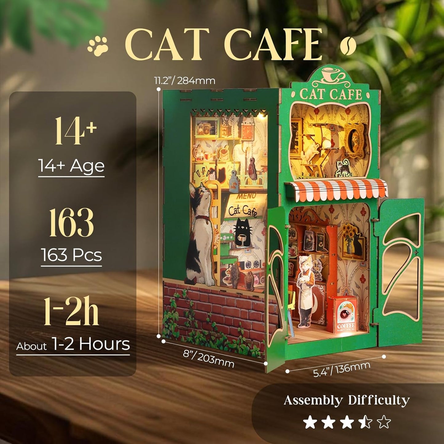 Skiennix Book Nook Kit - DIY Miniature Cat Cafe House for Adults & Teens | 3D Wooden Puzzle Decor