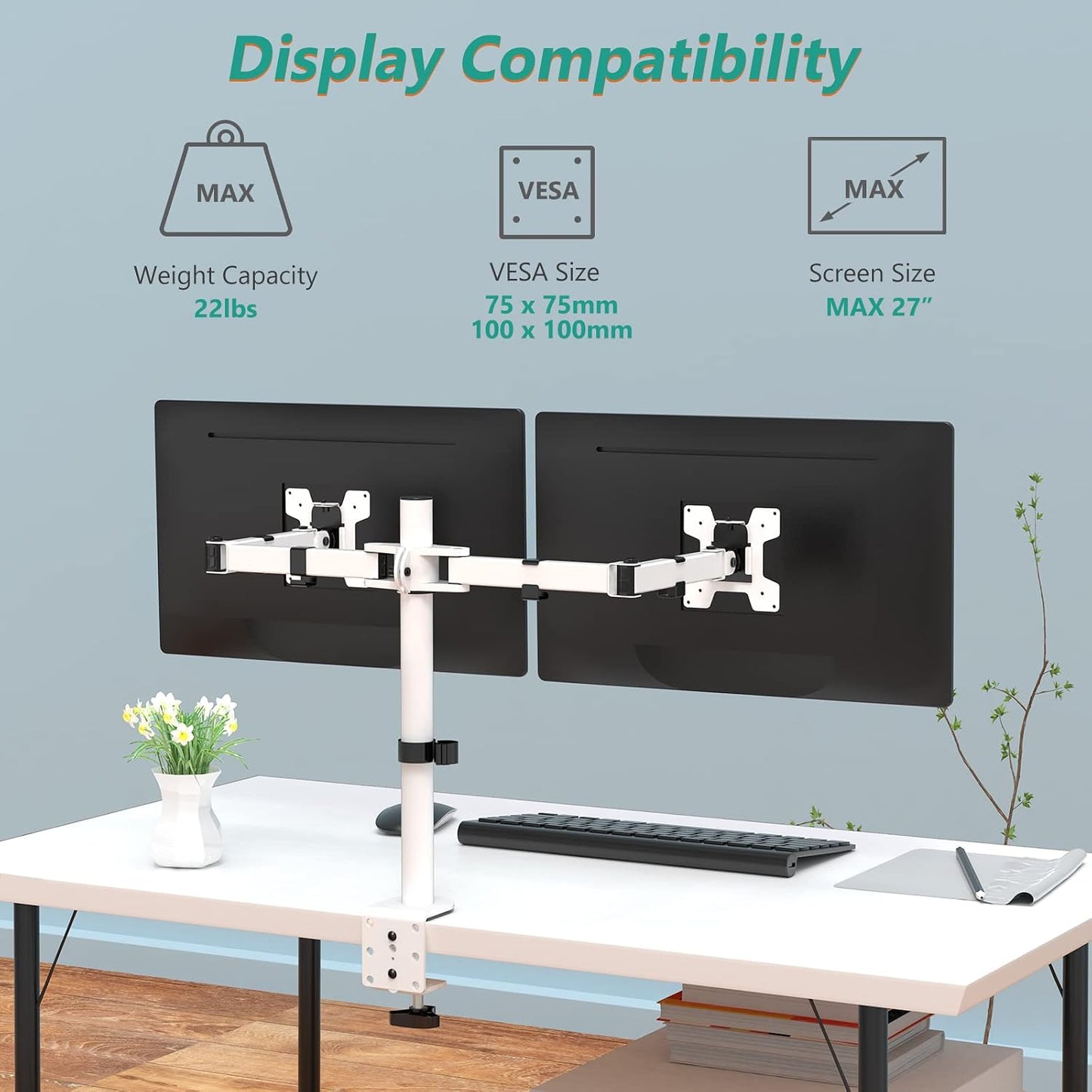 WALI 2 27 inch, 22 lbs. (M002-W), Mount Stand Fits Screens up to Weight Capacity per Arm White