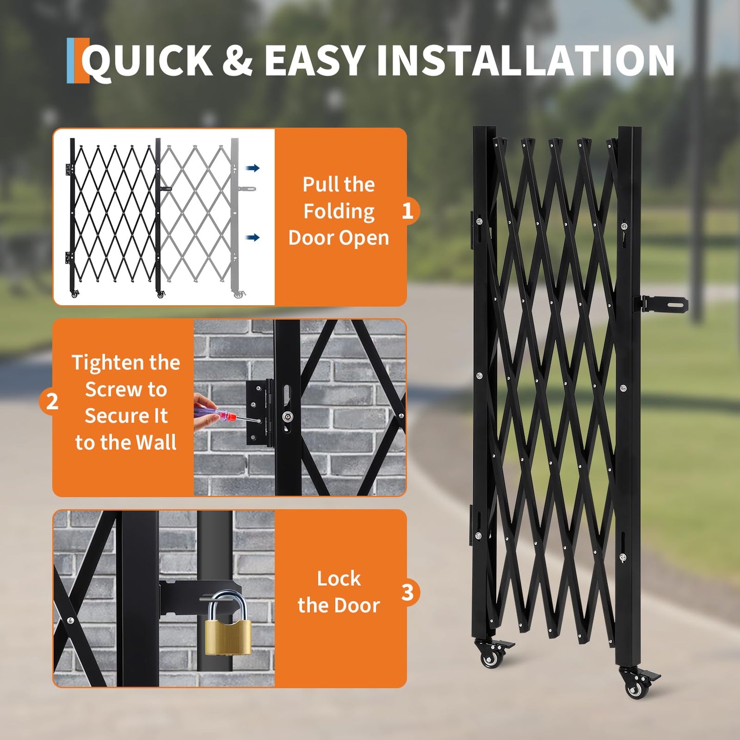 Single Expandable Gate, 87" H x 84" W Folding Security Gate, Folding Door Gate, Steel Accordion Security Gate, Flexible Garage door gate, 360° Rolling Barricade Gate, Scissor Gate or Door with Padlock