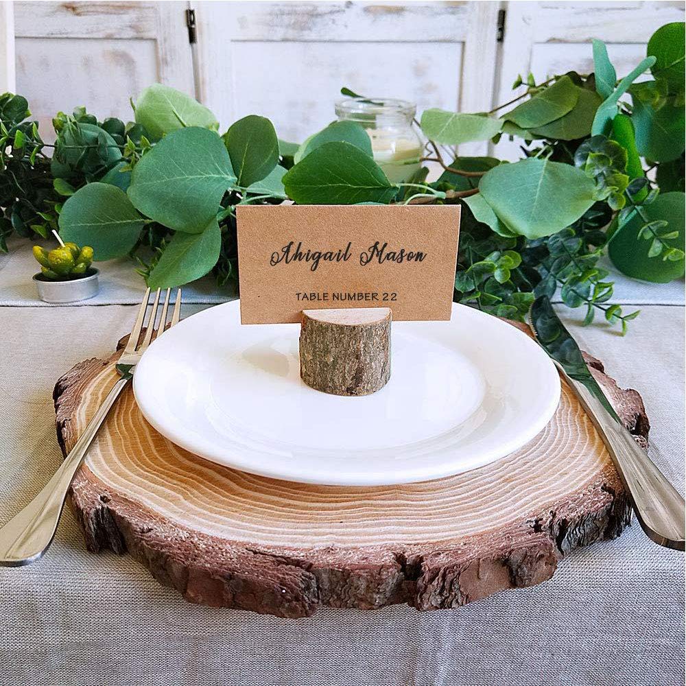 whatUneed 20 Pack Place Card Holders, Rustic Real Wood with Wooden Bark Table Card Holder, Number Photo Stand Place Name Memo Card Holder for Wedding Party (20 Holders+20 Kraft Place)