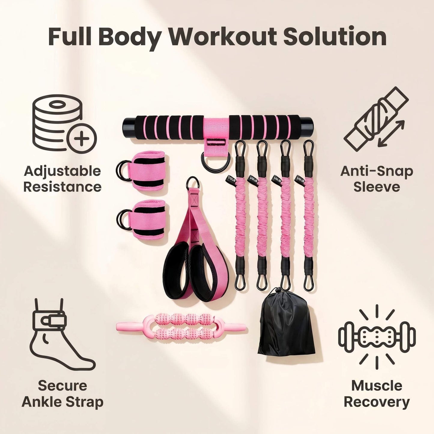 Pedal Resistance Band with Handle, 4 Fabric Covered Tubes 10-90 lbs Exercise Bands with Ankle Straps, Includes Massage Roller & Carry Bag, Full Body Home Gym Workout Equipment for Women and Men