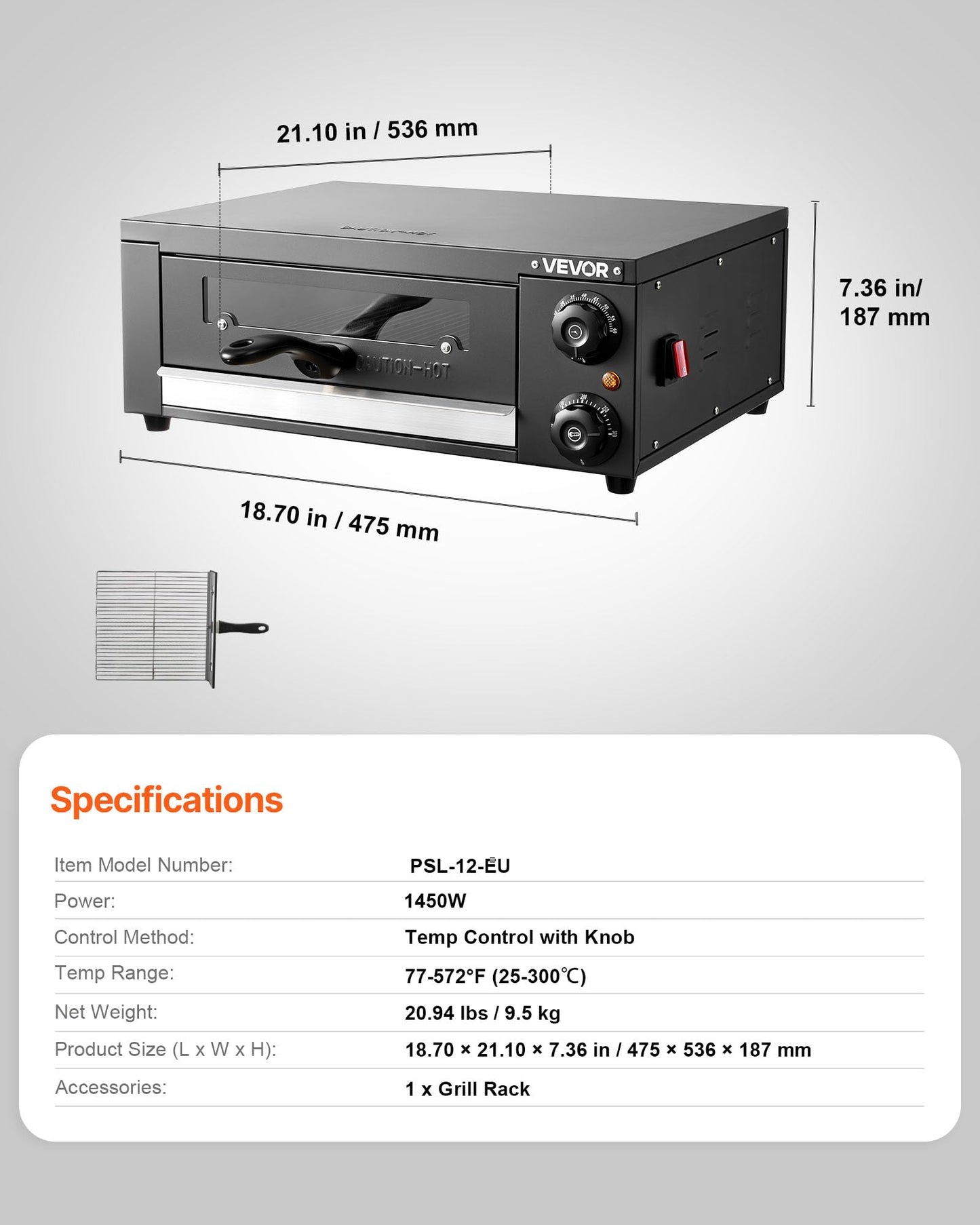 VEVOR Electric Pizza Oven, 12 in Countertop Pizza Oven, 77 to 572°F Temp Range, 1450W Indoor Pizzas Maker w/Timing & Temp Control, Pizzas Cooker w/Dual Heat Tube, Grill Rack, for Kitchen & Commercial