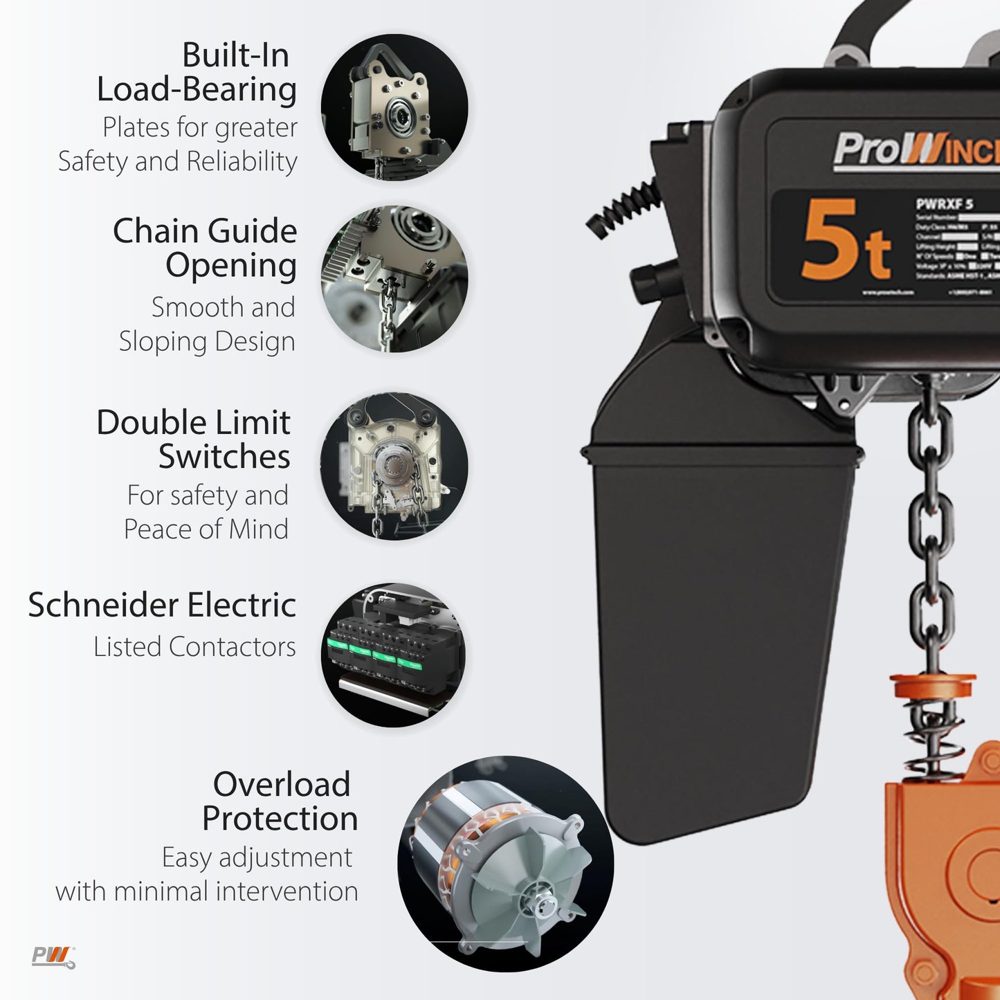 Prowinch 5 Ton Electric Chain Hoist – Single Speed, Heavy Duty H4, Dual Voltage 208/480V 3-Phase, 30 ft Lifting Height, G100 Nickel Chain, IP55 – ASME B30.16 Industrial Hoist