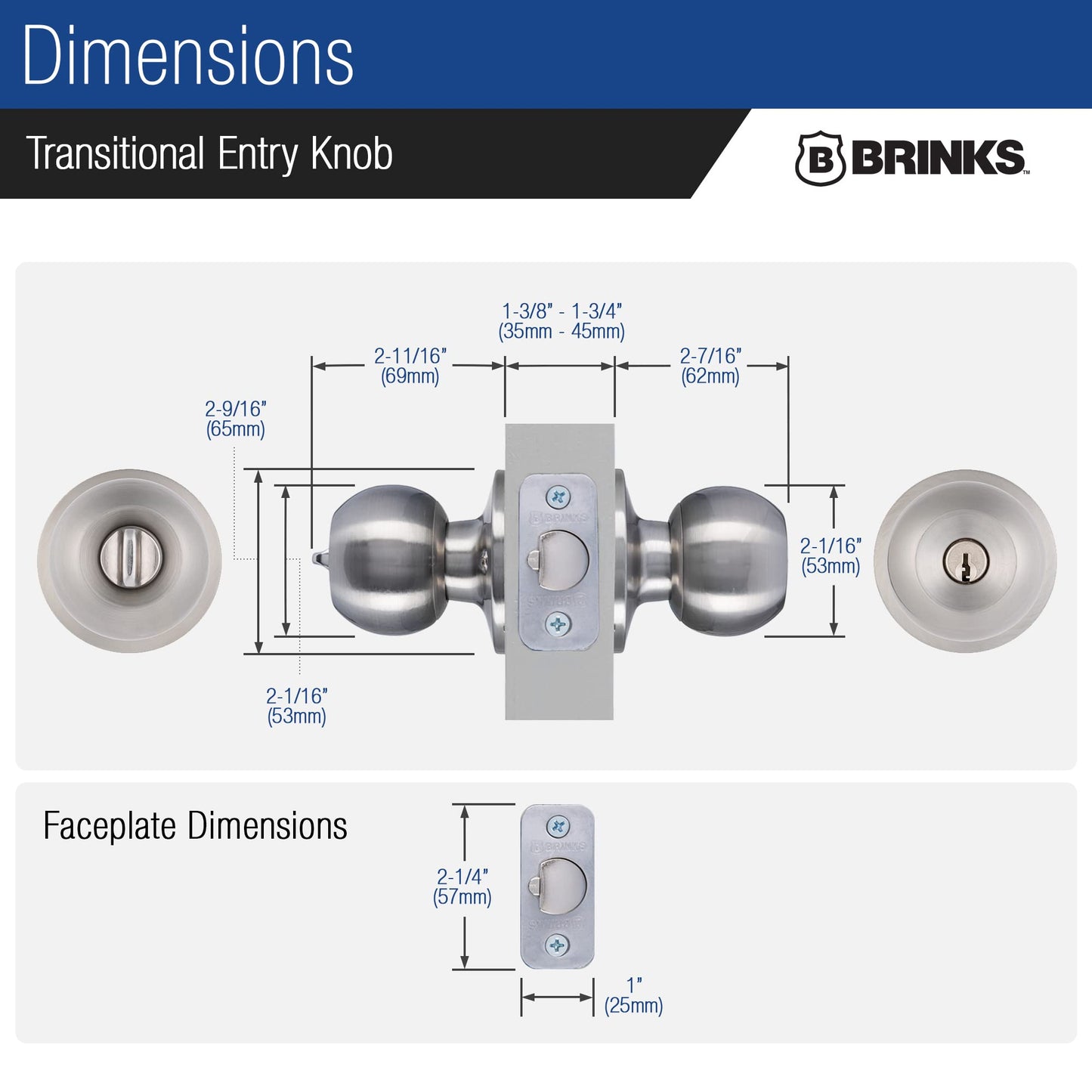 BRINKS Transitional Keyed Entry Door Knob - Satin Nickel Exterior Door Lock Set, Seamlessly Blends with Interior Décor, 1 Pack