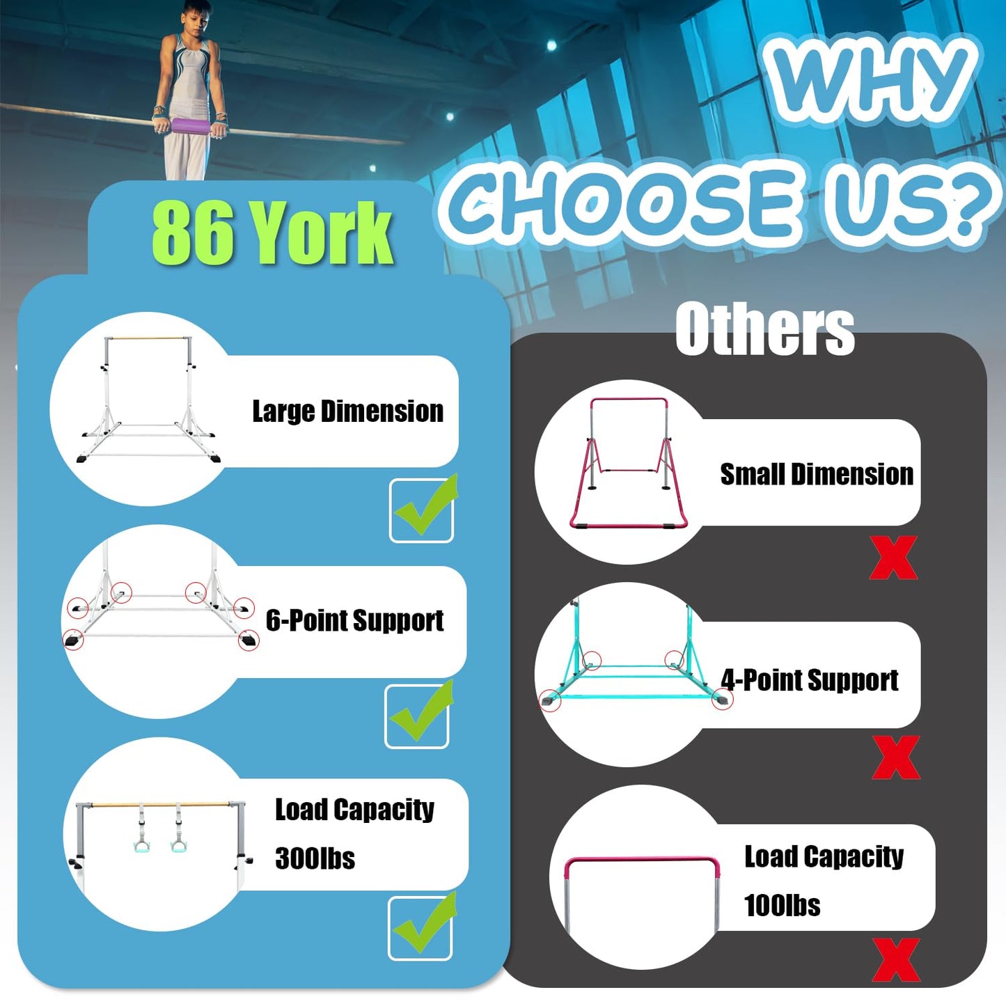 86 York Gymnastics Bar for Kids Ages 3-20, 5FT Base Length, 42" to 63" Adjustable Height, Horizontal Bar, Kip Bar for Gymnast, Gymnastic Training Equipment for Home, Gym Center