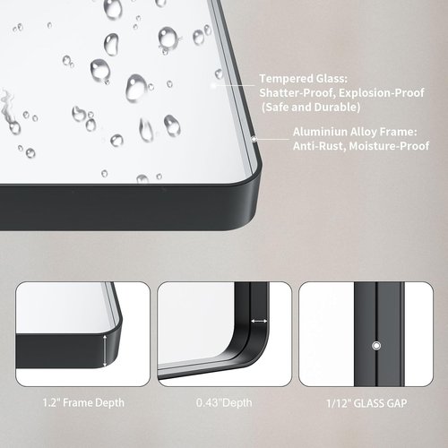LOAAO Black Metal Framed Bathroom Mirror - 20x30 Inch Rounded Rectangle | Anti-Rust, Versatile Hanging Options
