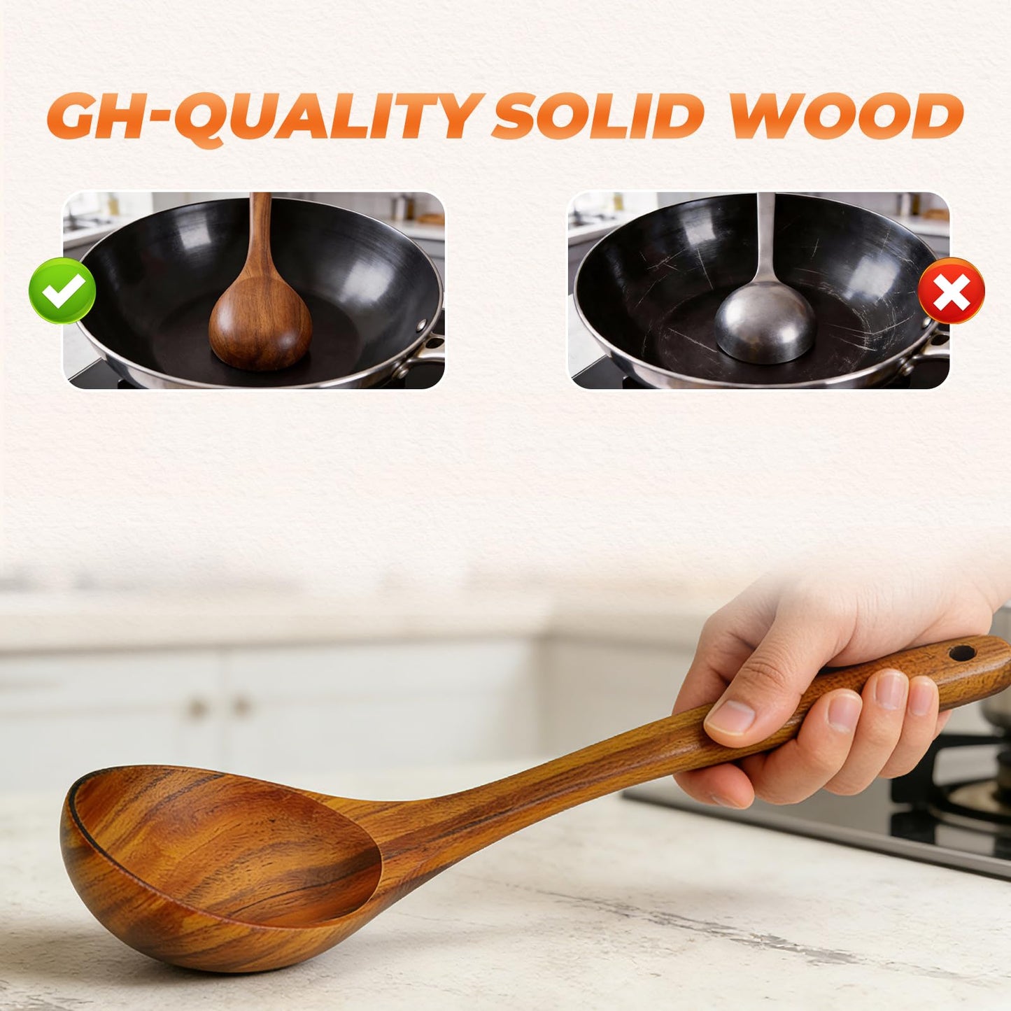 Tmkit Wooden Ladle, Natural Acacia Wood Soup Spoons for Cooking, Serving, Stirring -12.9in Long, 2.5 oz Large Capacity- Premium Wooden Utensil Spoons for Mom, Wife Cooking Gifts
