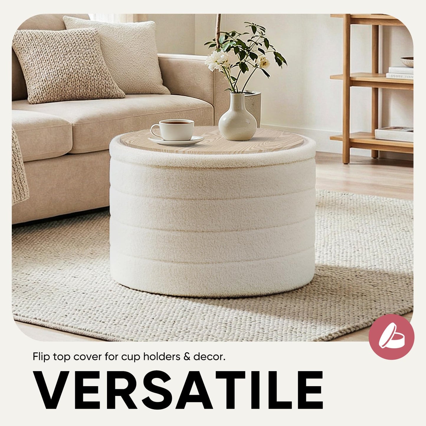 CAIPINFUL 22" Round Storage Ottoman,Boucle Sherpa Ottoman with Tray, Faux Teddy Foot Rest Coffee Table for Bedroom Dorm Living Room,White