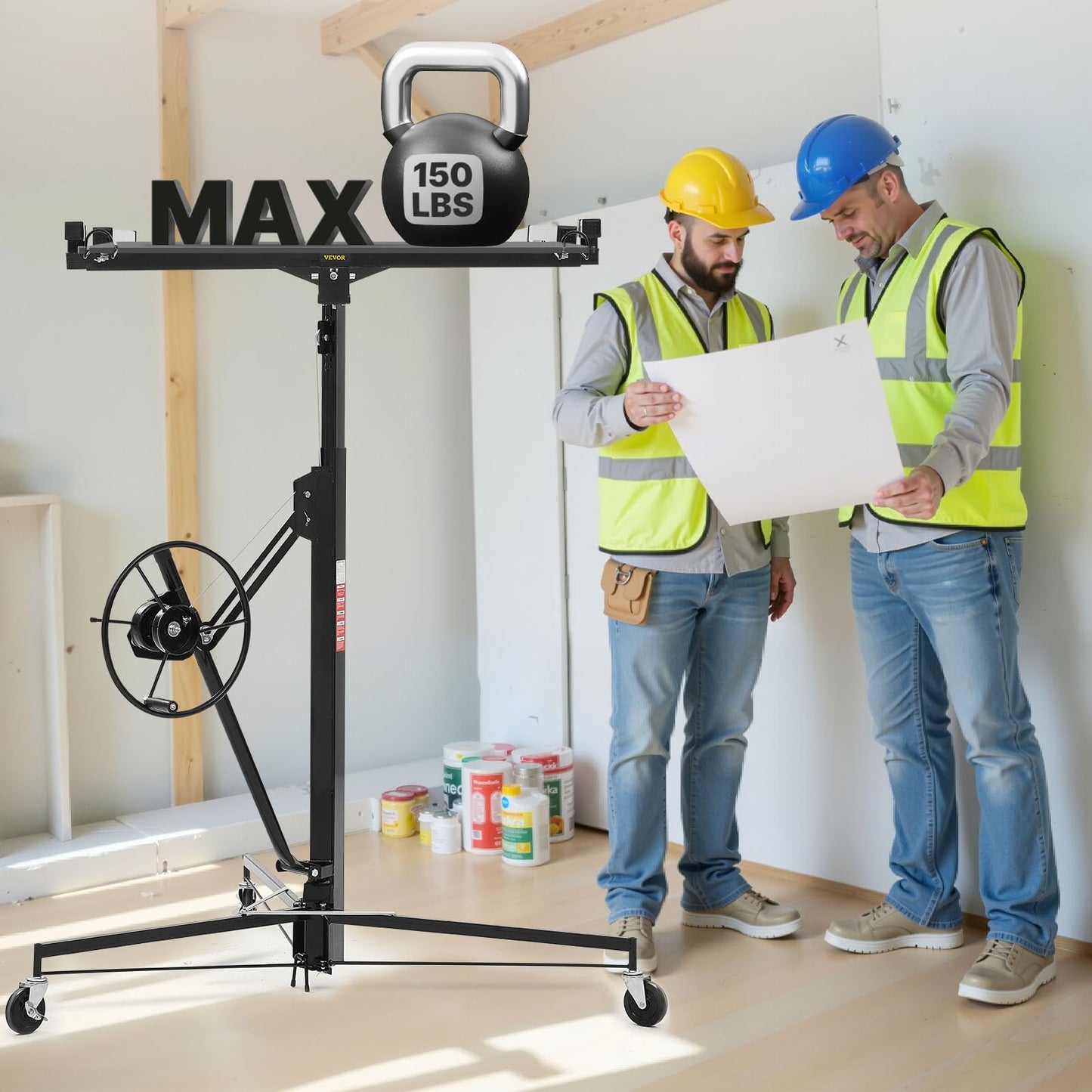 VEVOR 11ft Drywall Lift, Heavy-Duty 150 lbs Sheetrock Hoist with Adjustable Telescoping Arm, Lockable Wheels, Drywall Lifter Panel Jack Hoist Tools Ideal for Ceiling & Wall Installation (Black)