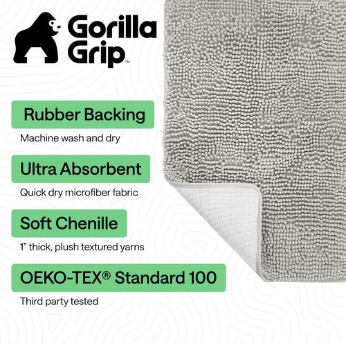 GORILLA GRIP Bath Rug Mat - Soft Absorbent Chenille | Quick Dry Microfiber, 36x24, Light Gray