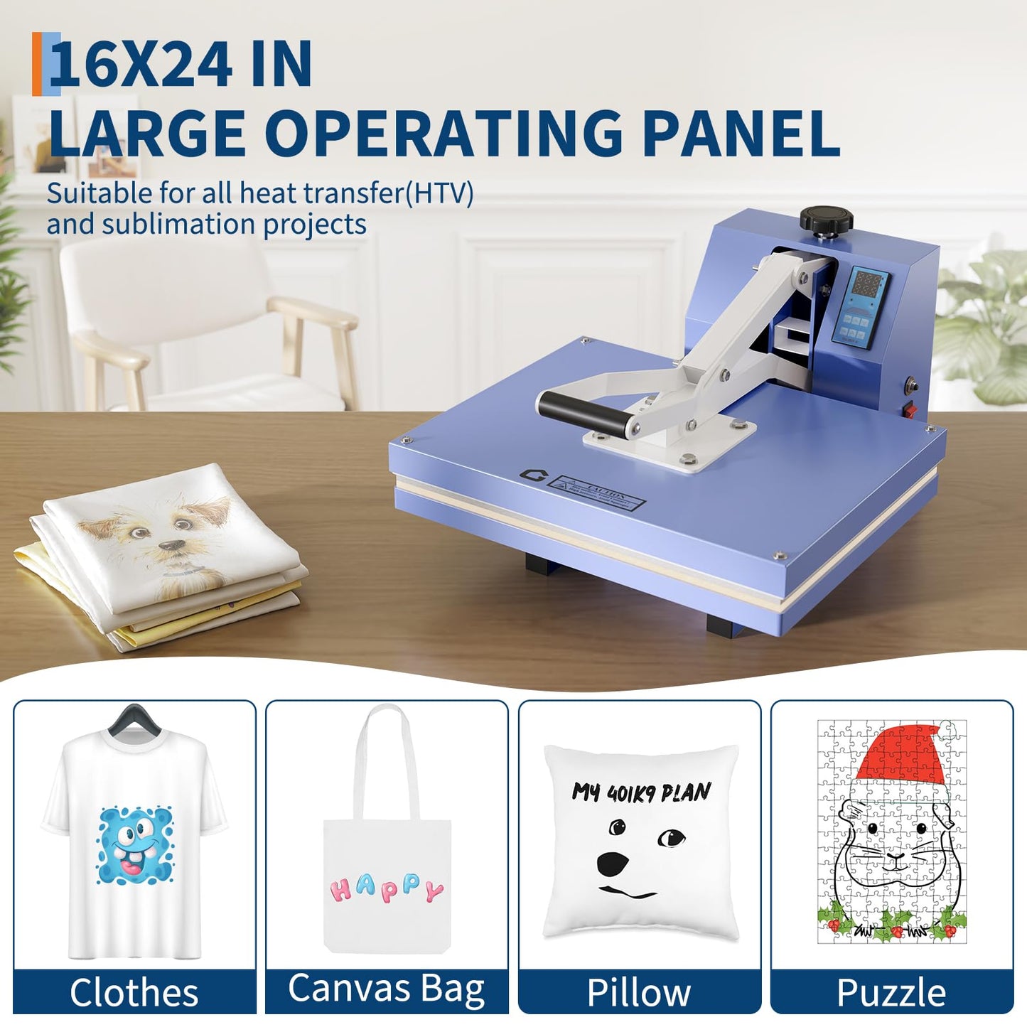 16x24 Heat Press, Heat Press Machine, Even Heating Technology, Large Operating Panel, Industrial Digital Heat Transfer Machine Sublimation for T-Shirts, Clothes, Canvas Bags, Baby Blue