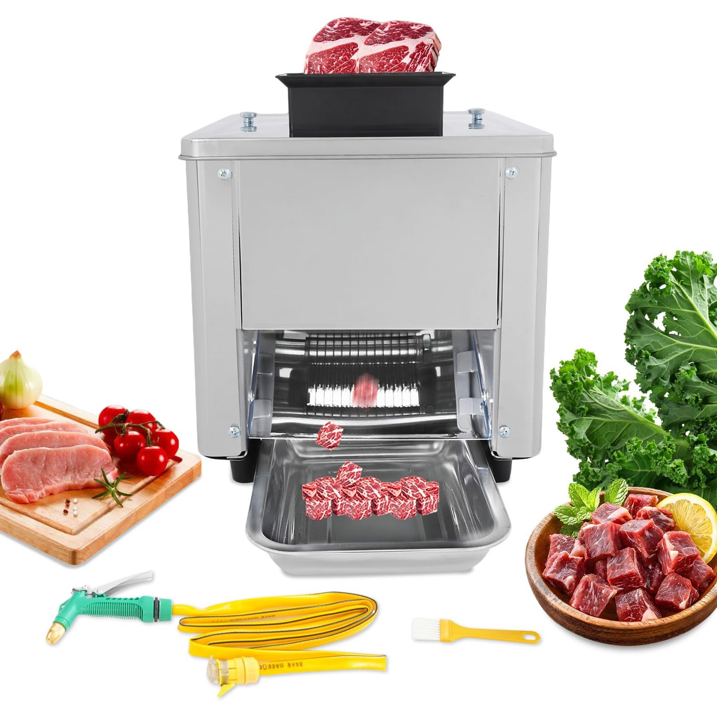 850W Electric Meat Cutter Machine, 7mm Thickness 330lb/h Commercial Meat Slicer Shredded Cutting Machine, Stainless Steel Food Cutting Slicer for Slices Strips Cubes Minced Meat, Low Noise