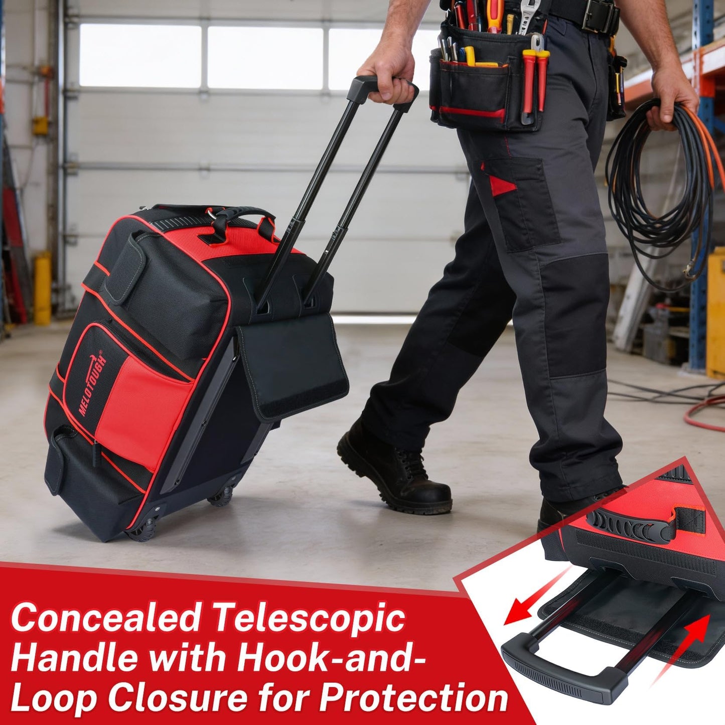 MELOTOUGH Heavy Duty Framing Nail Gun Tool Bag with Extra Storage Pockets Shoulder Strap, Rolling Tool Bag with Wheels, Concealed Telescoping Handle, Multi-Pocket Organizer