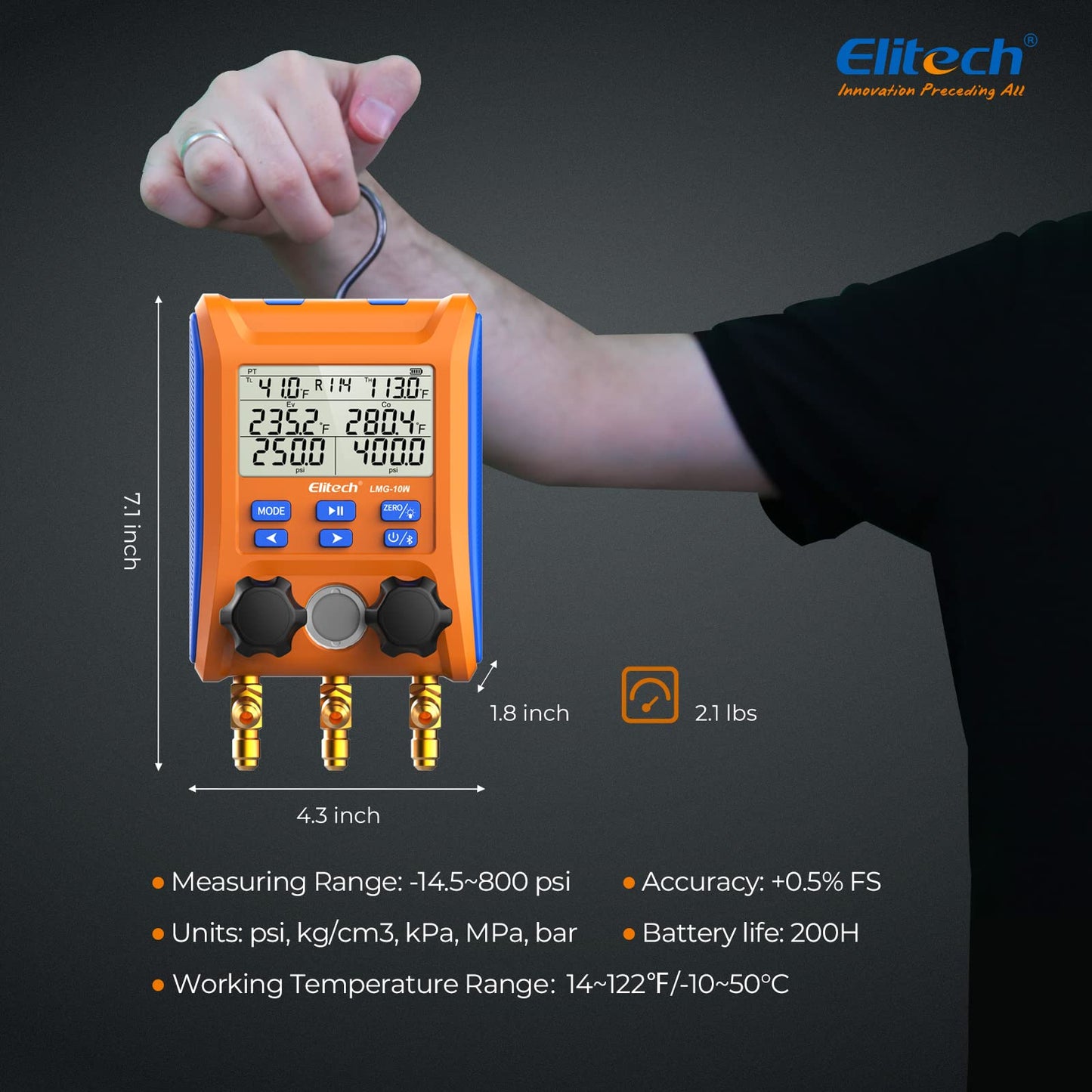 Elitech Wireless Digital Manifold Gauge Set Data Logging Refrigerant HVAC Gauges with Hoses, Temperature Clamps, LMG-10W