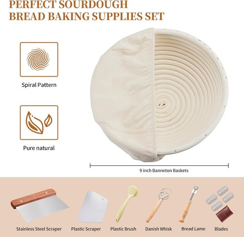 Dimpola Banneton Bread Proofing Basket Set - Handmade Rattan Sourdough Bowl with Liner | Round Design