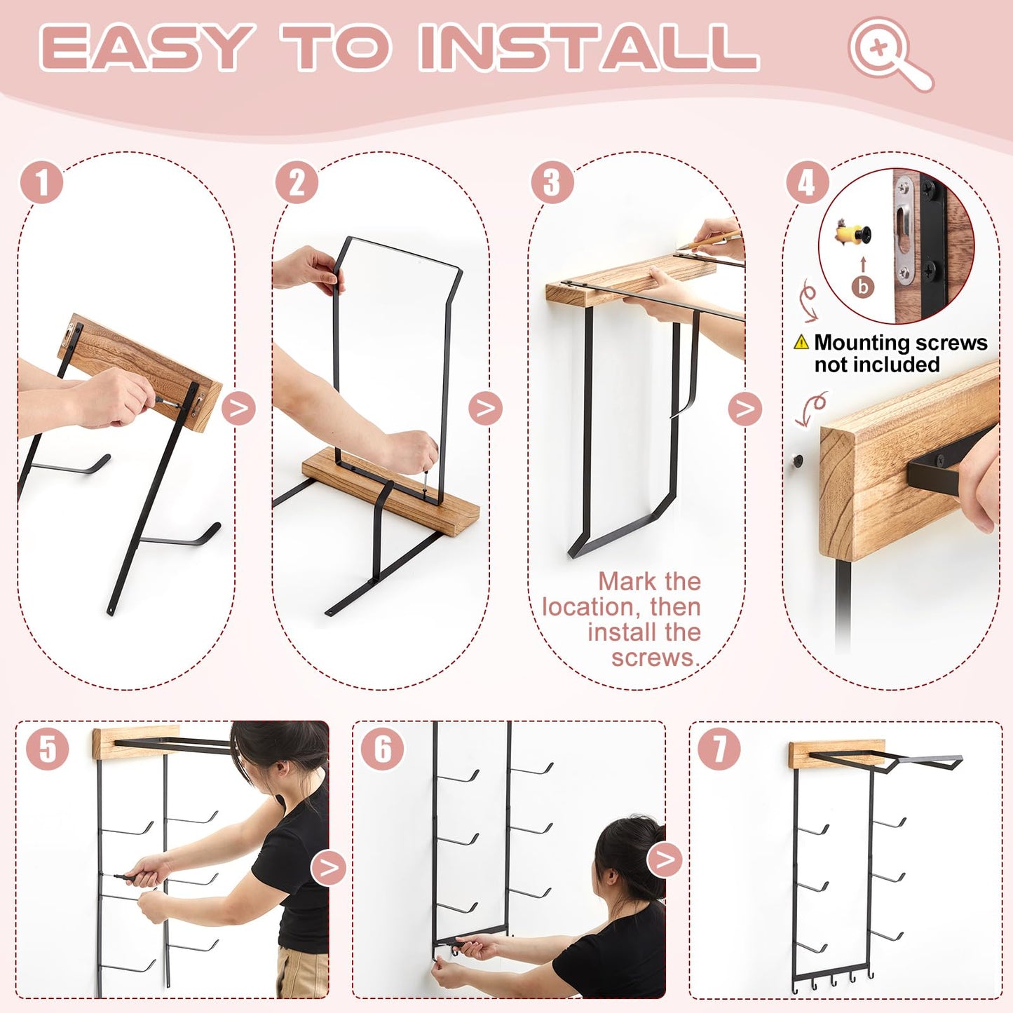 Geelin Yoga Mat and Ball Holder Wall Mount, 4-Tier Yoga Mat & Ball Storage Rack, Home Gym Organizer, Black Metal Floating Shelf for Hanging Foam Rollers & Resistance Bands(5 Hooks Style,Wood Color)