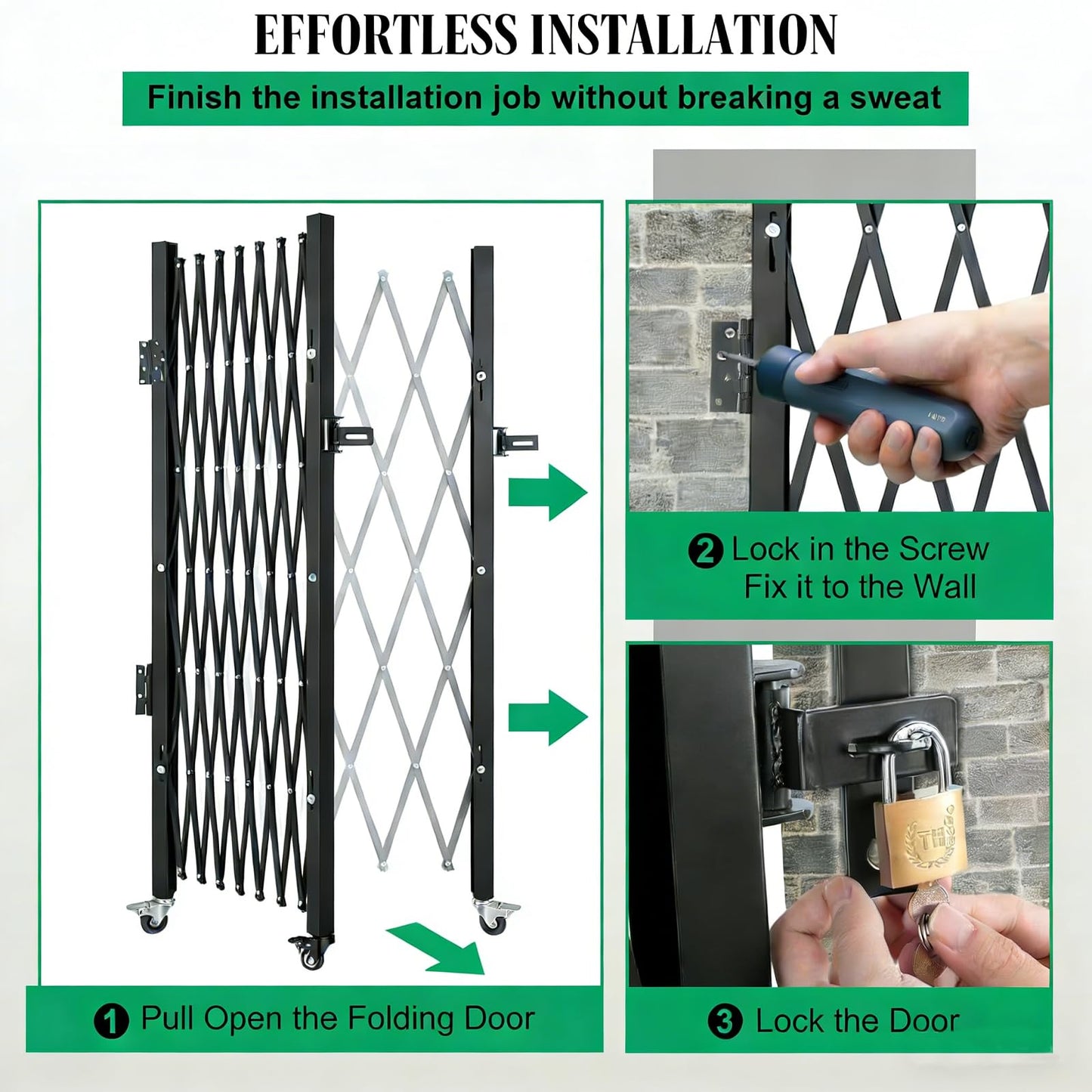 Single Folding Security Gate, Expandable Scissor Accordion Gate with 360° Swivel Casters, Barricade Gate Lockable Steel Retractable Gates for Garage, Warehouse, Doorway & Pool (52" H x 74" W)