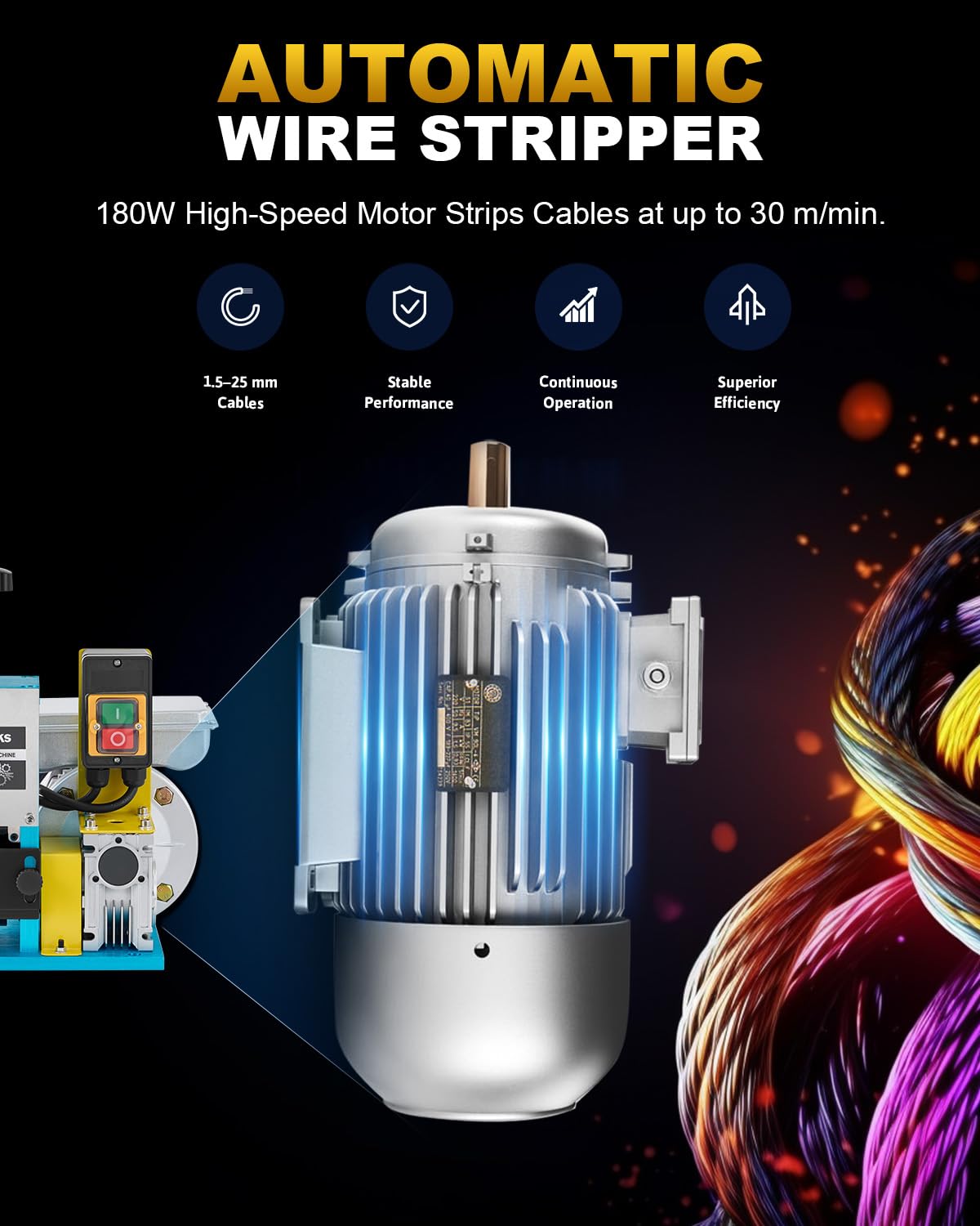 CREWORKS 180W Electric Wire Stripper Machine, 0.06"-1" Automatic Wire Stripping Machine, Wire Stripping Tool for 1.5-25 mm Scrap Wire, 5 Channel Copper Wire Stripper Tool for Leftover Cable Recycling