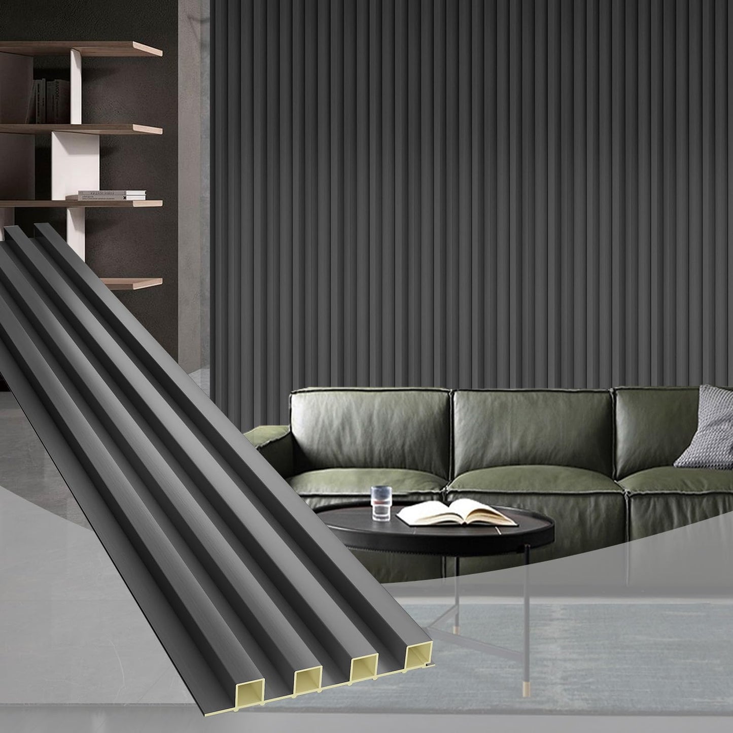 OUZUGIE WPC Acoustic Slat Wall Paneling, 8-Pack 96 x 6 Inches 3D Wall Panels for Interior Wall Decor,Living Room,TV Background,Study Room,Non-Metal Laths,High Grille (Metallic Dark Gray)