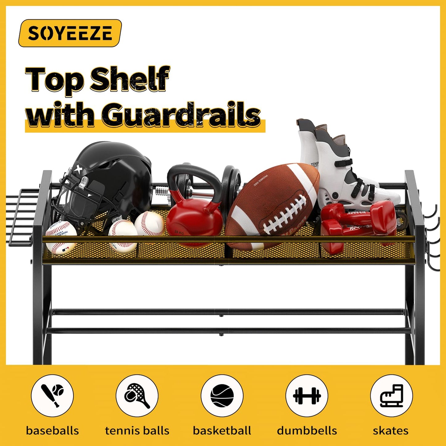SOYEEZE Sports Equipment Organizer- Ball Storage for Garage,4 Tiers Outdoor Toy Storage,Soccer Racks,Basketball Shooting Training Stand Cart with Wheels and Hooks for Home-School and Gym Use