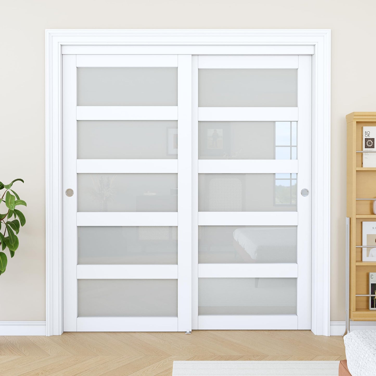 Paintable Sliding Closet Door 72" x 80", 5 Lite Frosted Tempered Glass Interior Sliding Door for Bedroom, Bypass Closet Panels with Hardware Set & Handles, Pre-Drilled Need to Assemble
