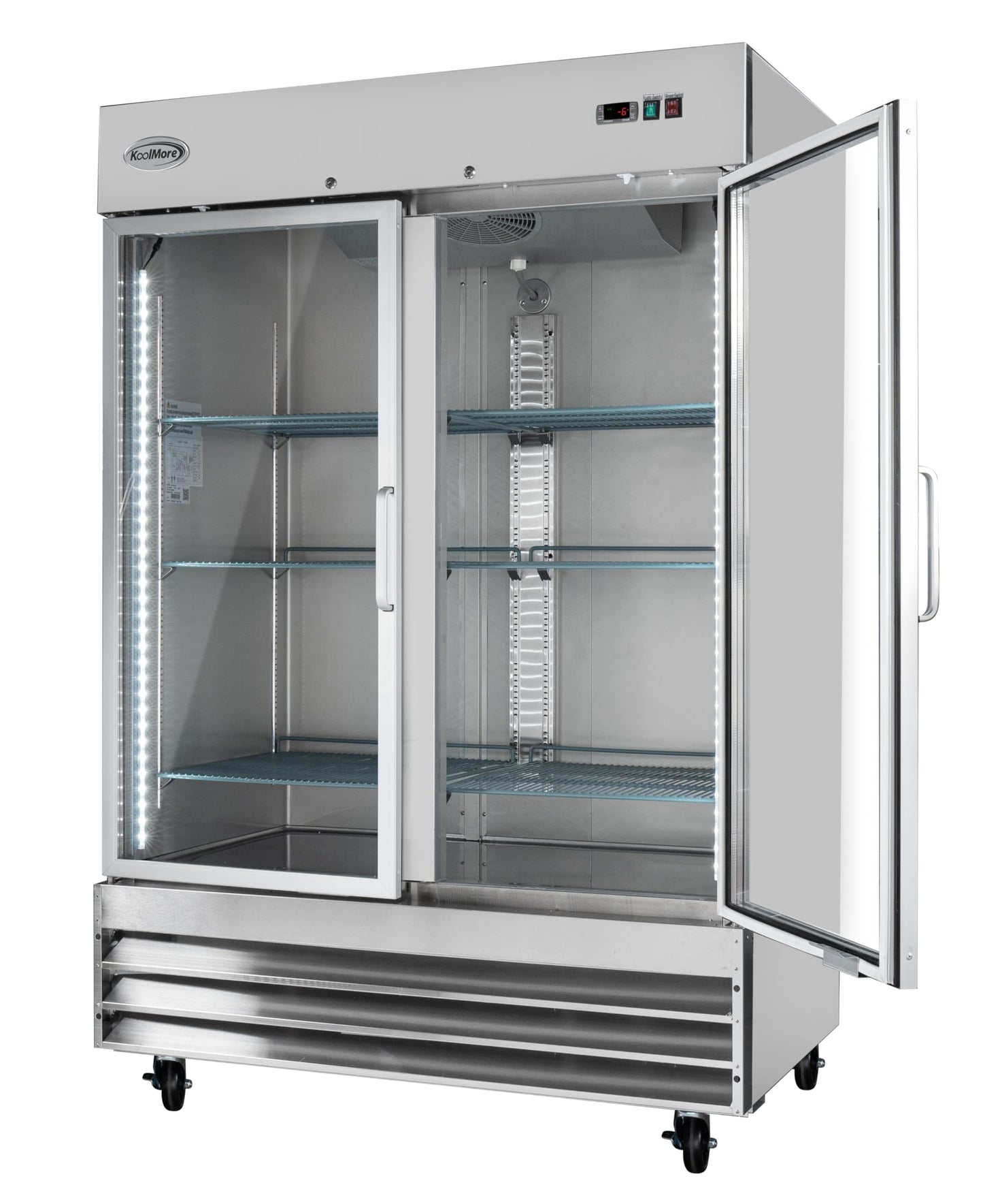 KoolMore Commercial Stainless-Steel Upright Freezer with Reach-In Self-Close Glass Doors, 6 Storage Shelves, Heavy-Duty Caster Wheels, Frost-Free Temperature Control - 47 Cu.Ft [Silver] (RIF-2D-GD)